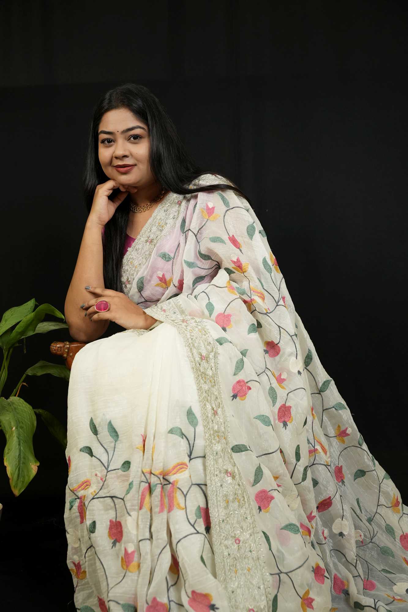 Crunchy Organza with Intricate Thread Embroidery Ready To Wear Saree