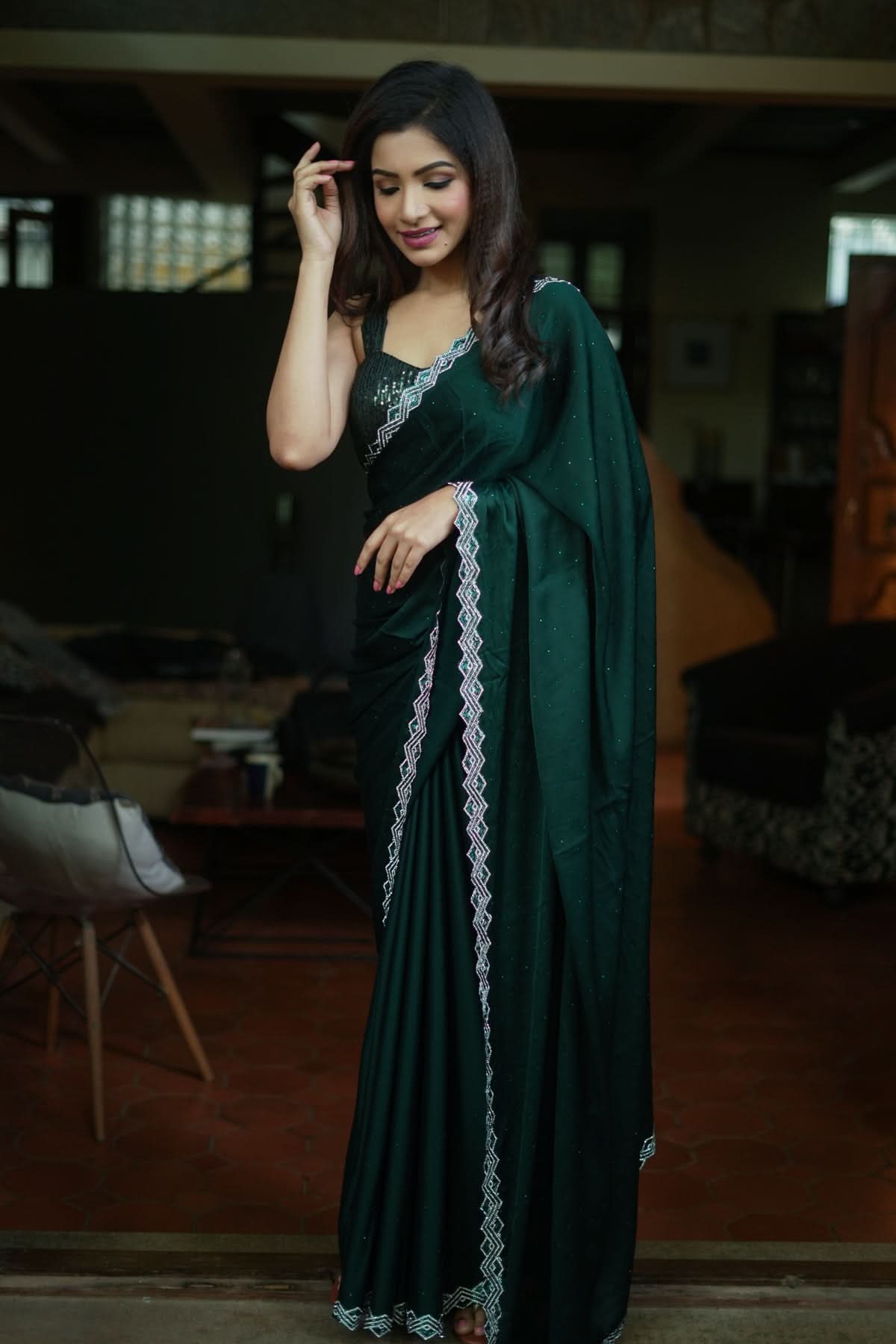 Shamoo Satin Silk saree in Bottle Green with elegant crystal work | Shobitam