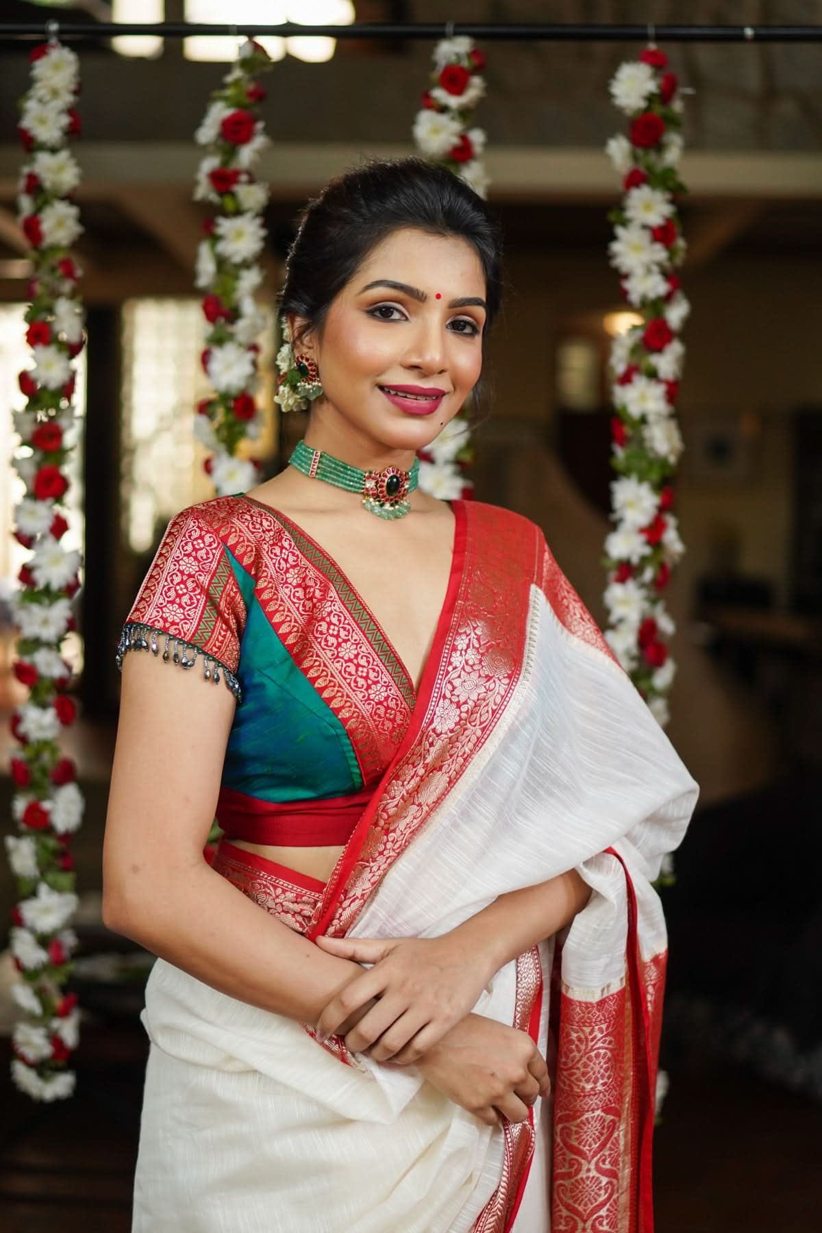 Green Red Blouse with V neck Mix and Match Blouse for saree, Made to Order | Shobitam