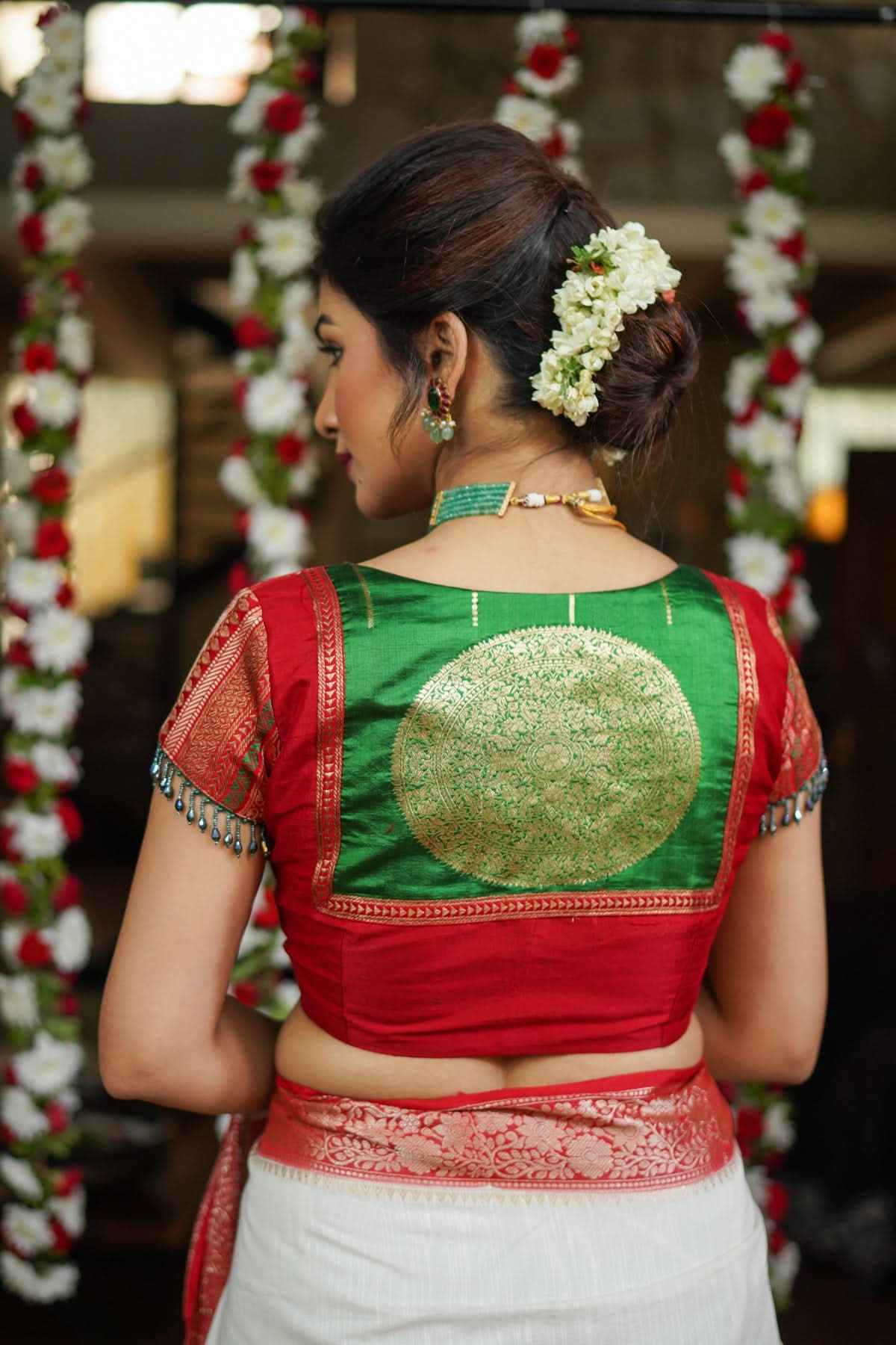 Green Red Blouse with V neck Mix and Match Blouse for saree, Made to Order | Shobitam
