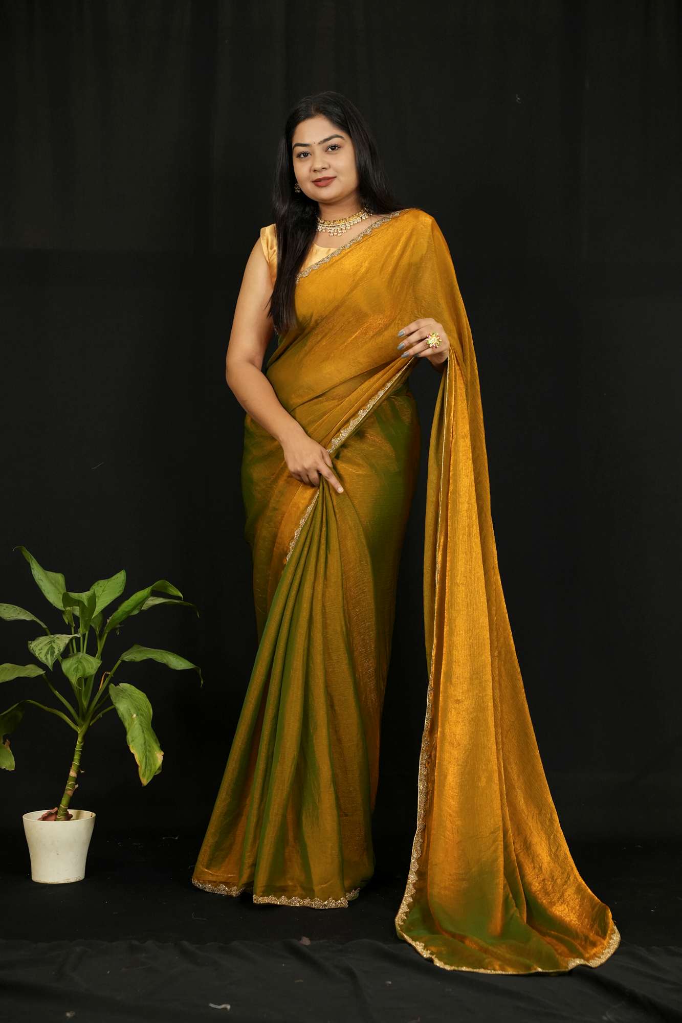 Jimi Chu Silk with Delicate & Stone-Studded Border Ready To Wear Saree