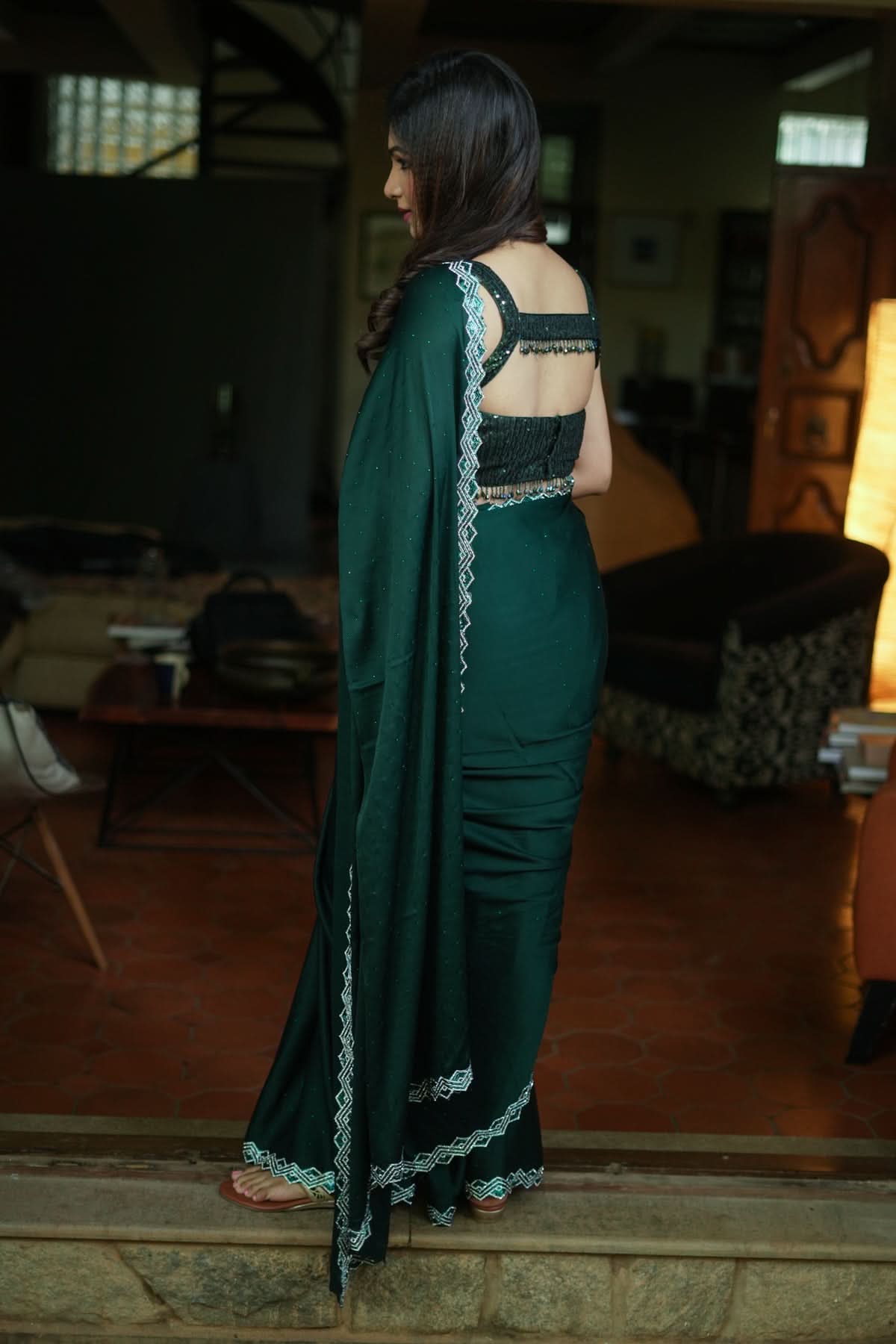 Shamoo Satin Silk saree in Bottle Green with elegant crystal work | Shobitam