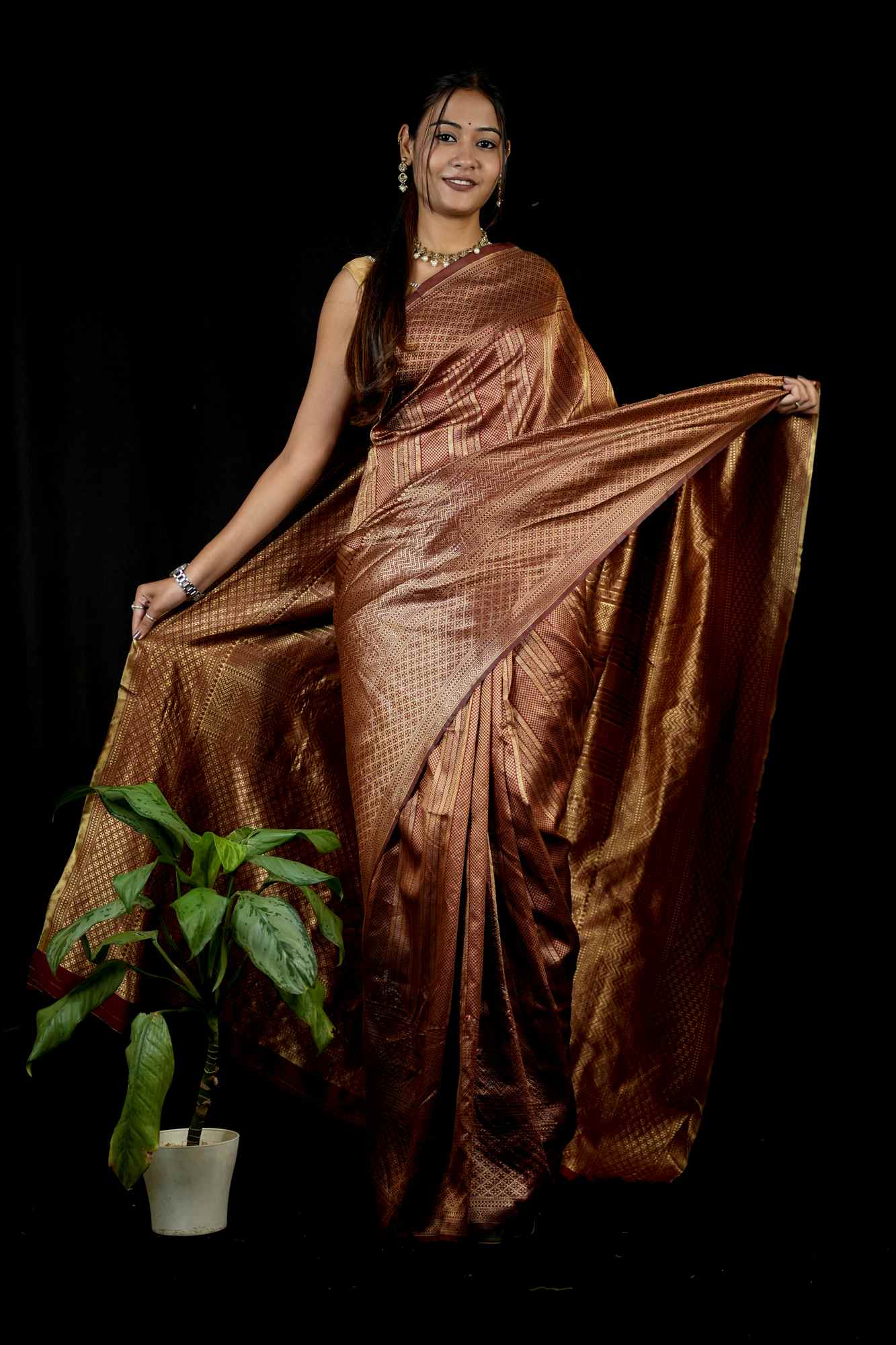 Banarasi Inspired Silk with Golden Zari Weave Ready To Wear Saree