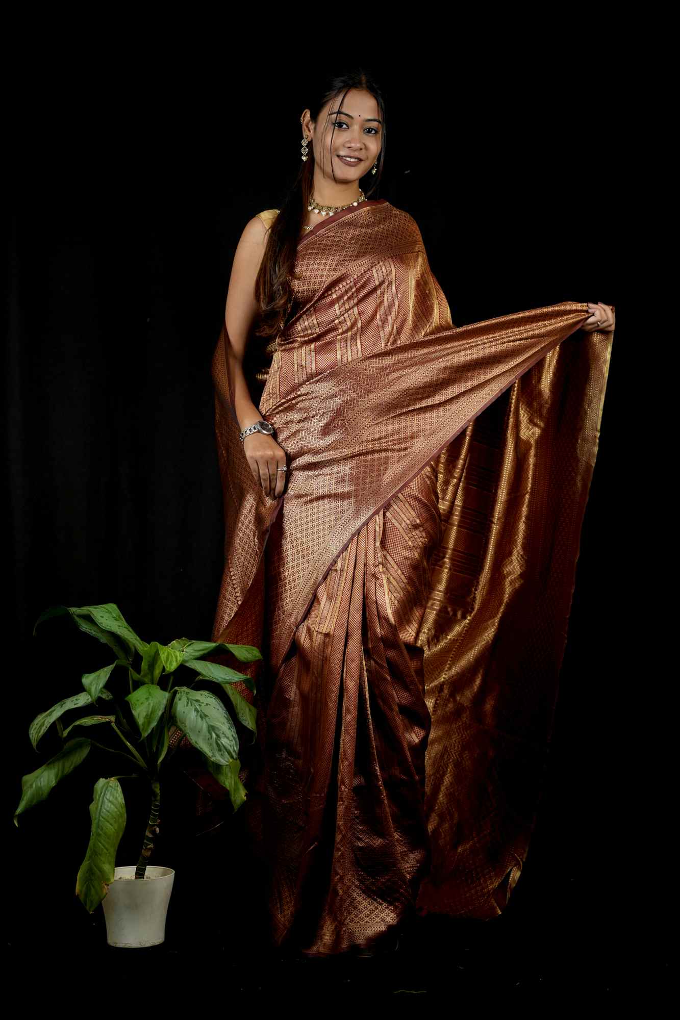 Banarasi Inspired Silk with Golden Zari Weave Ready To Wear Saree