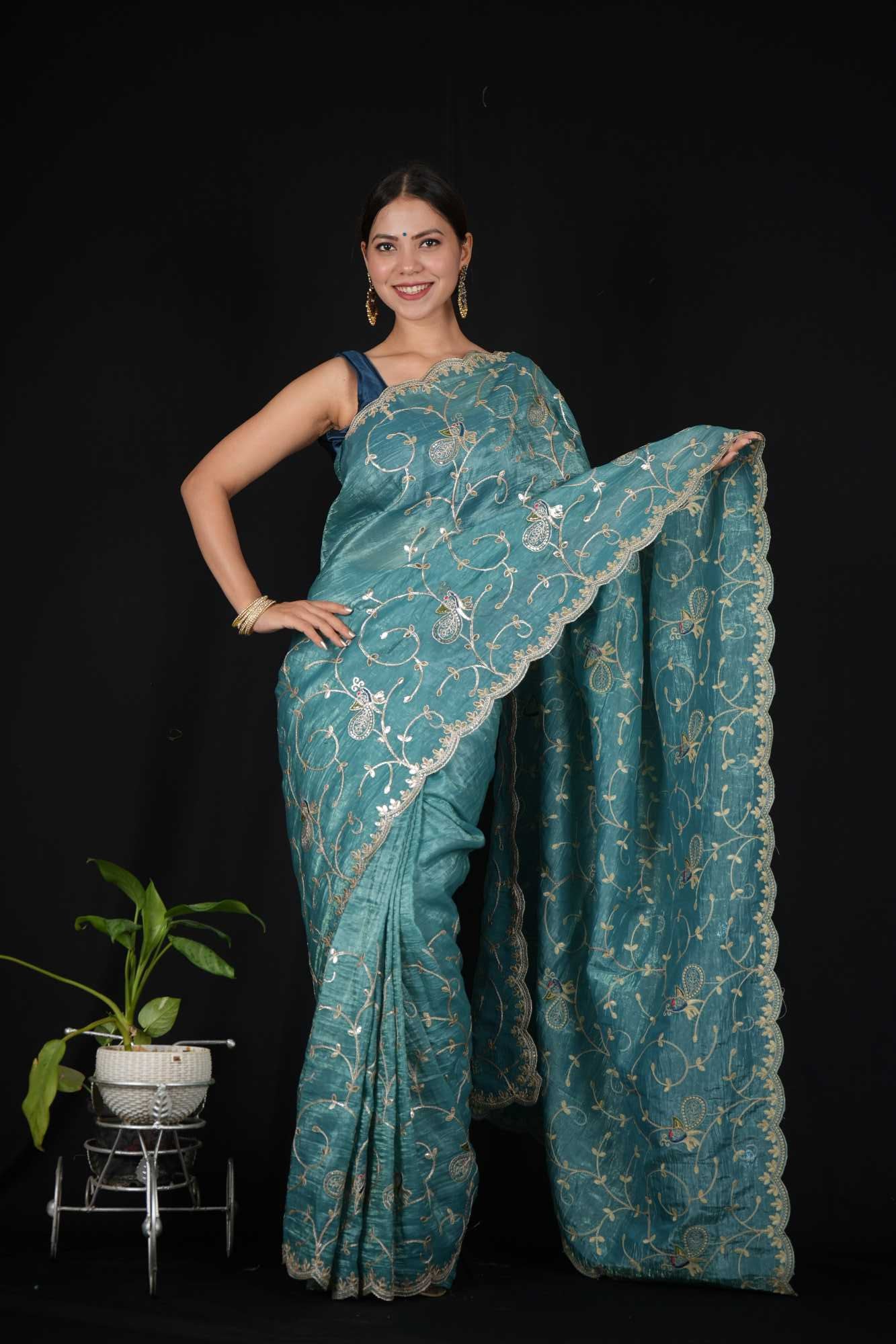 Overall beautiful Embroidery Crush Silk with Zari Weave Ready to wear Saree