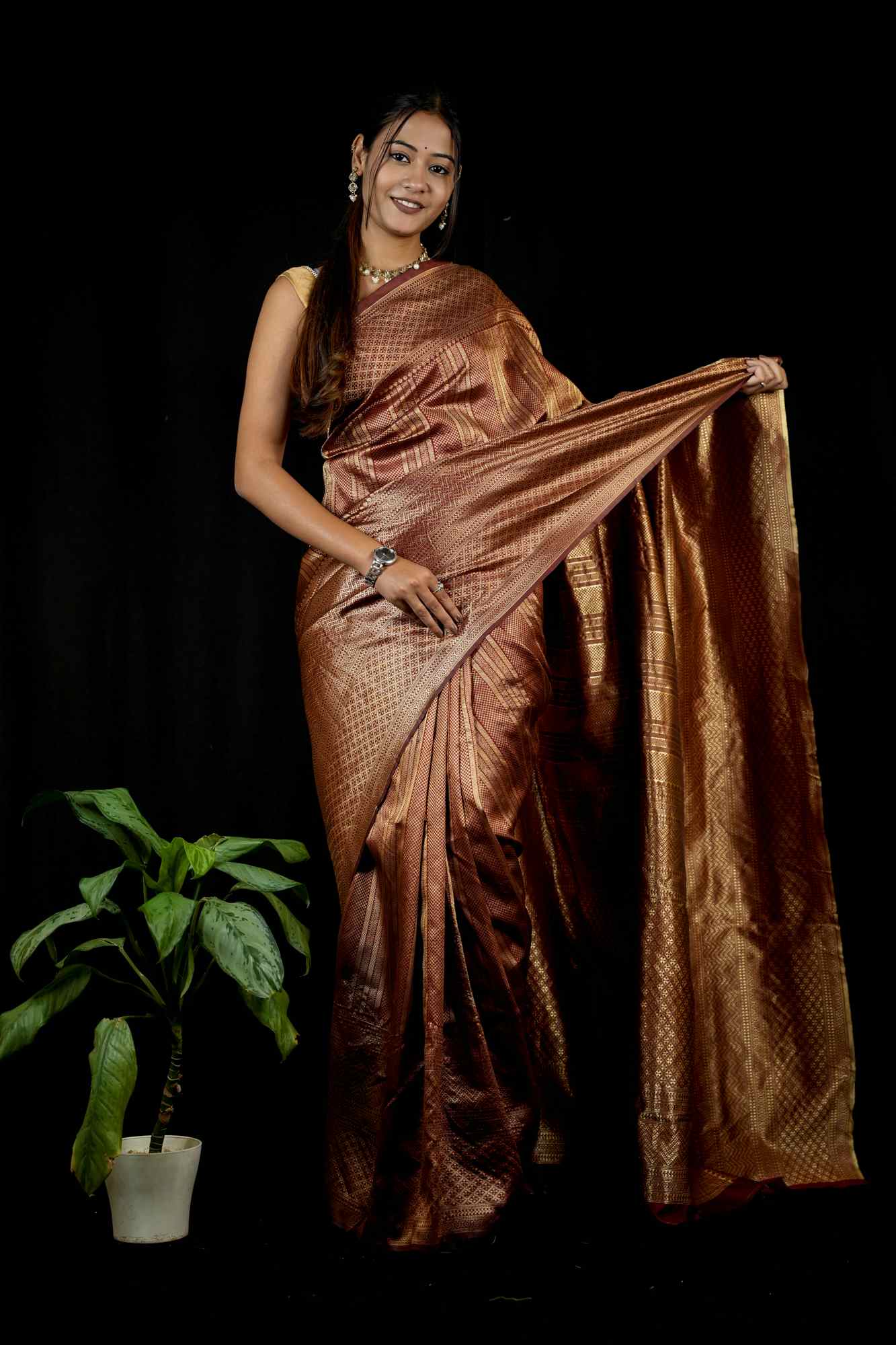 Banarasi Inspired Silk with Golden Zari Weave Ready To Wear Saree