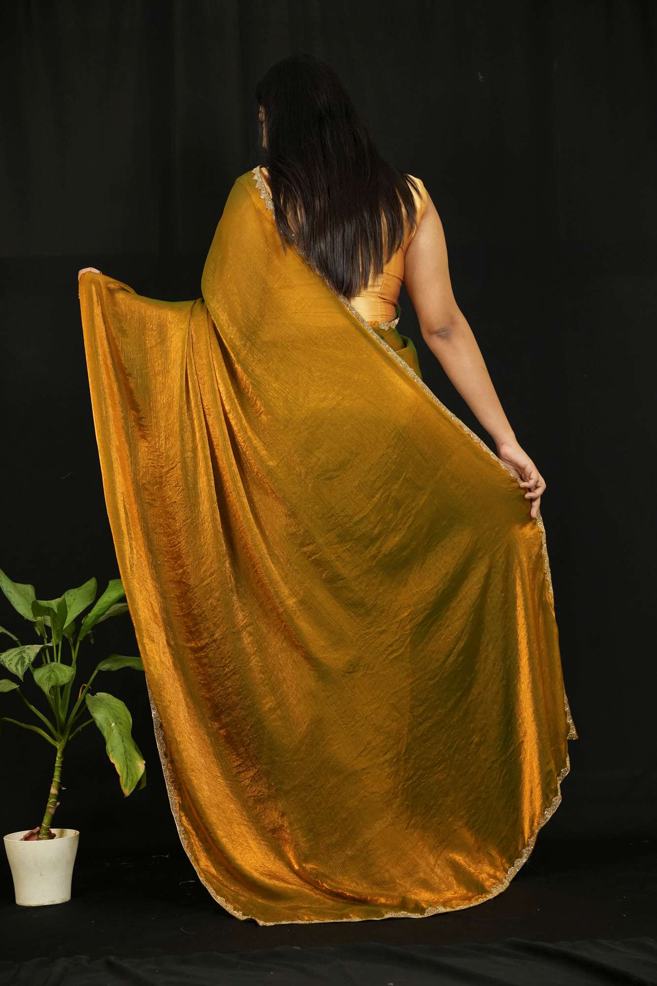 Jimi Chu Silk with Delicate & Stone-Studded Border Ready To Wear Saree