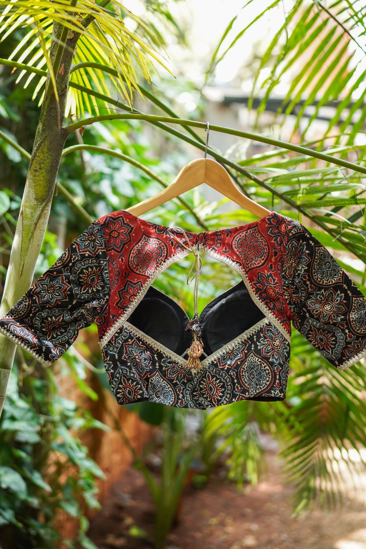 Black and Red Ajrakh Modal Silk Blouse with gota detailing Mix and Match Blouse for saree, Made to Order | Shobitam