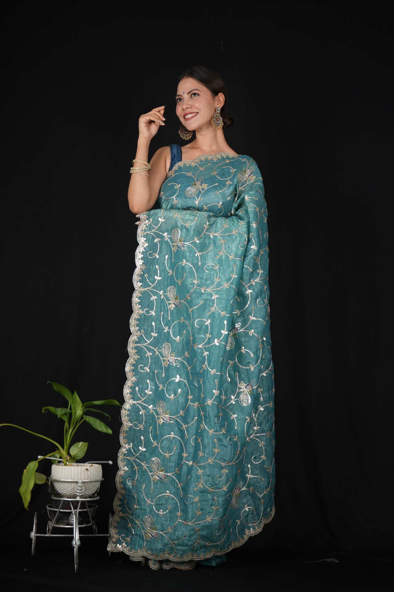 Overall beautiful Embroidery Crush Silk with Zari Weave Ready to wear Saree