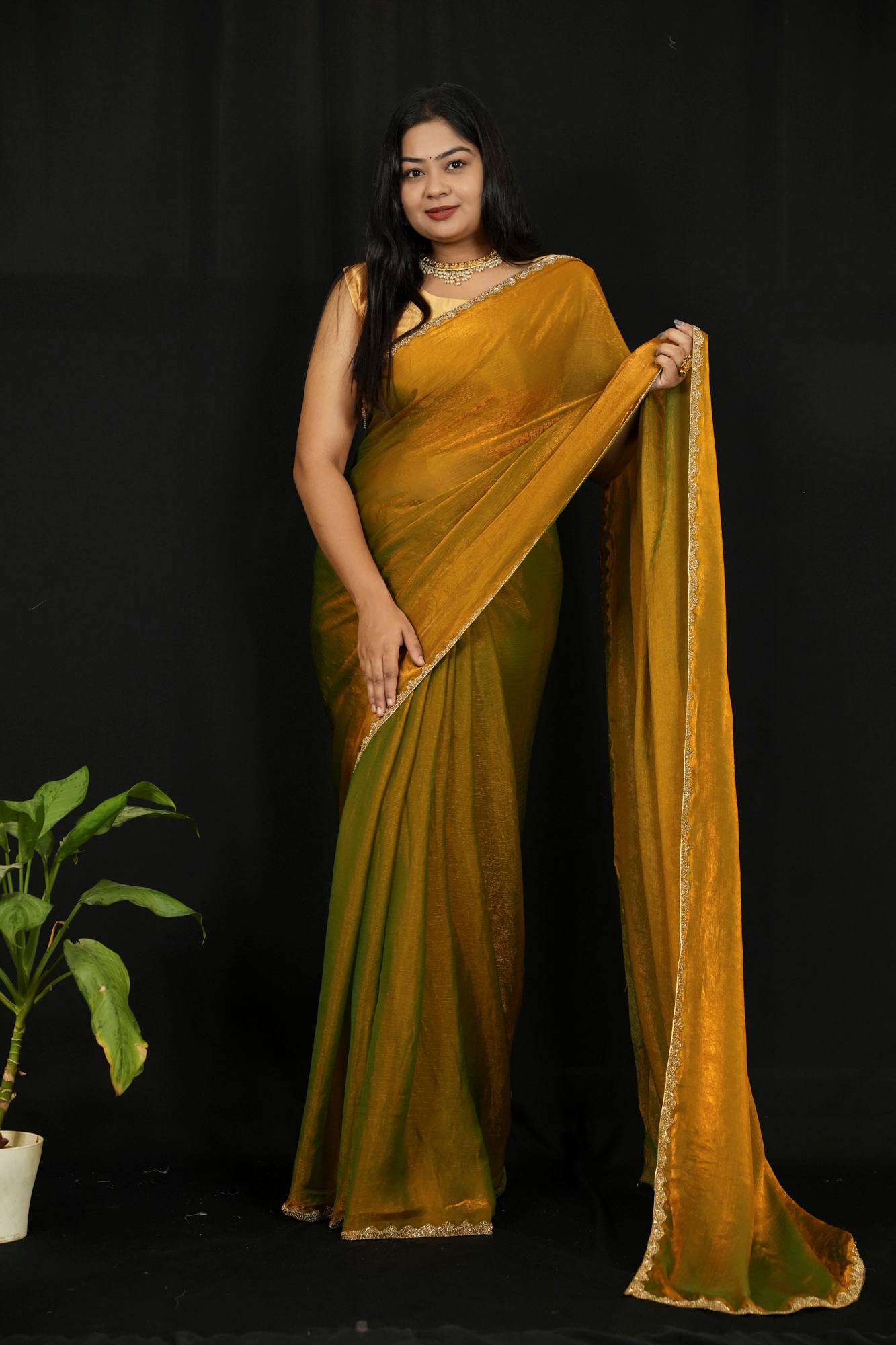 Jimi Chu Silk with Delicate & Stone-Studded Border Ready To Wear Saree