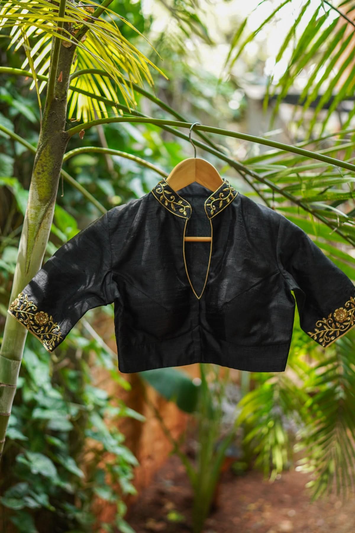 Black Raw Silk Blouse with Collar Neck and Zardosi Work Mix and Match Blouse for saree, Made to Order | Shobitam