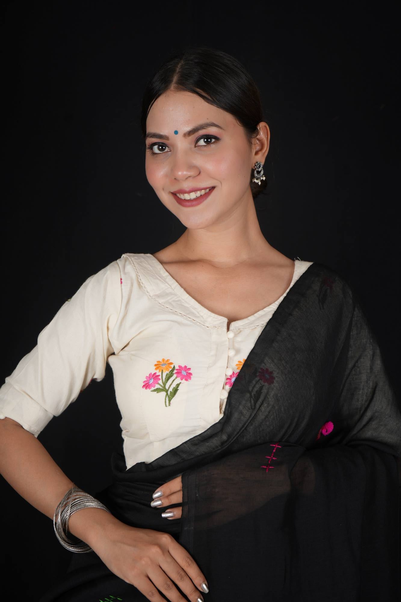 Traditional Camric Khadi White Floral Embroidered Blouse With Pompom on Sleeves