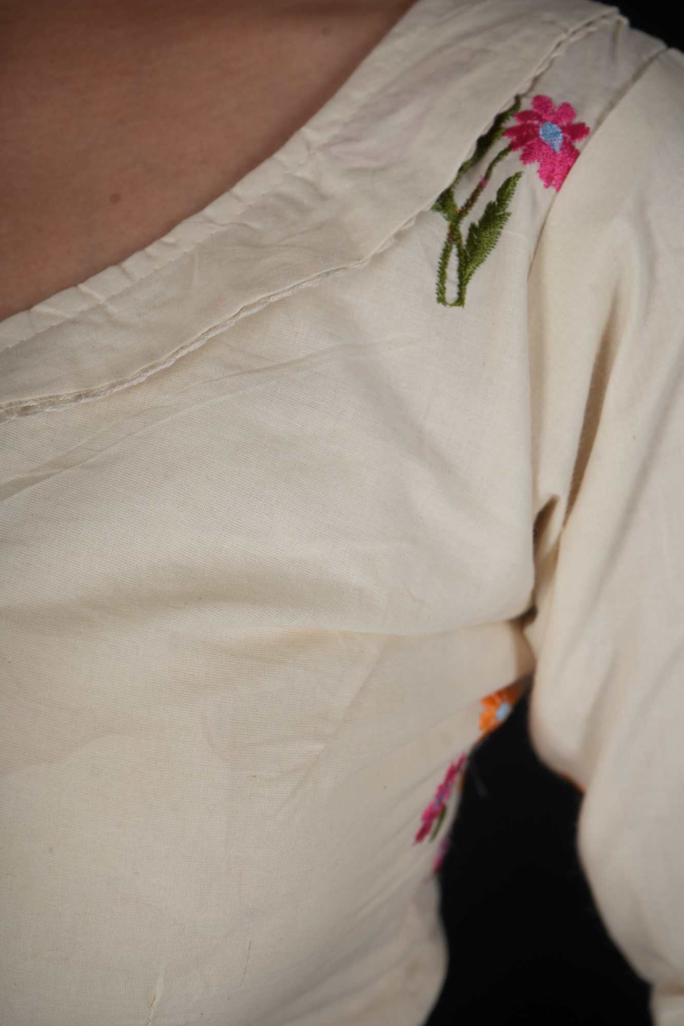 Traditional Camric Khadi White Floral Embroidered Blouse With Pompom on Sleeves