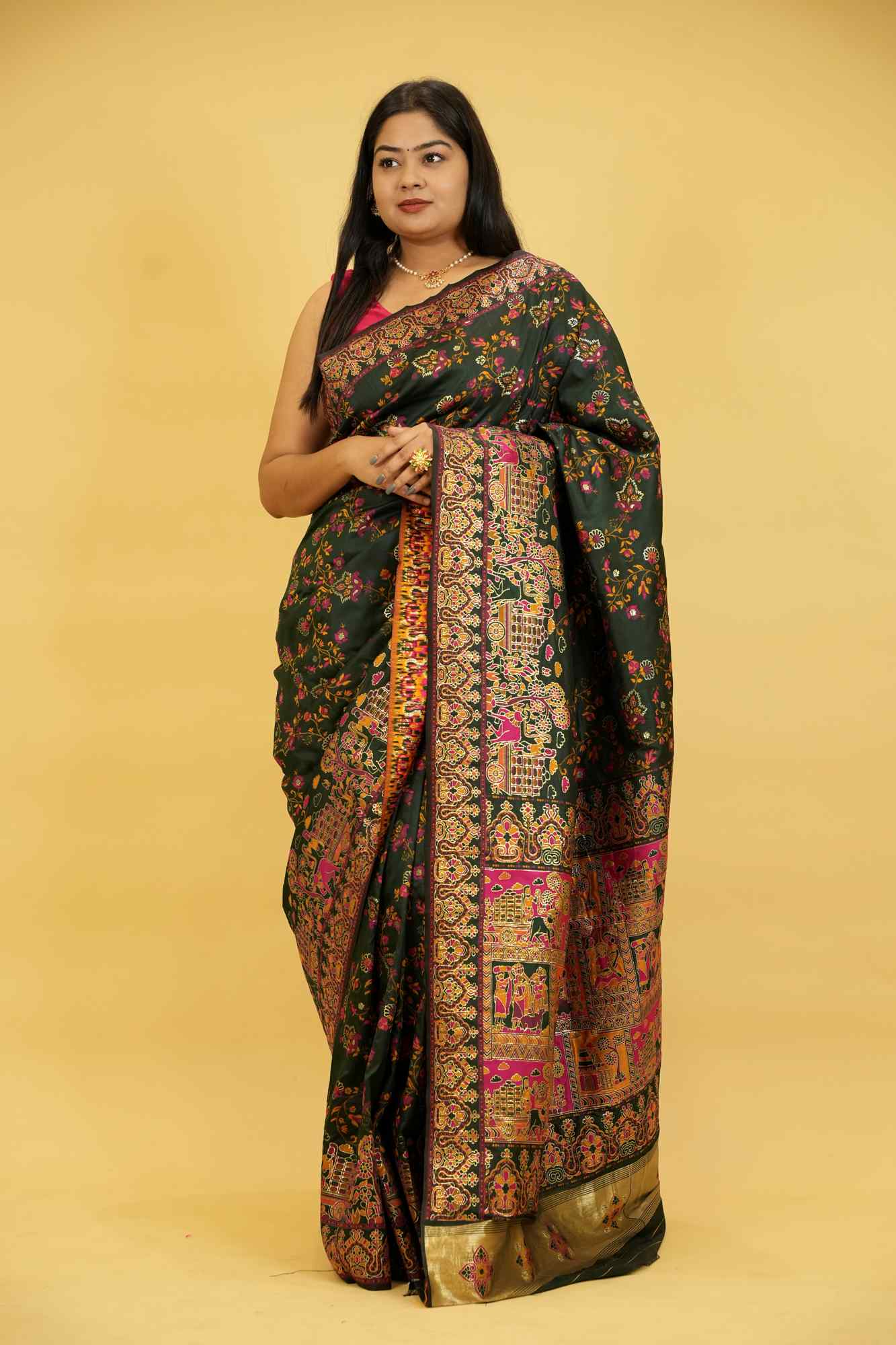 Silk with Intricate Bishnupuri weave ornate border Ready To Wear Saree