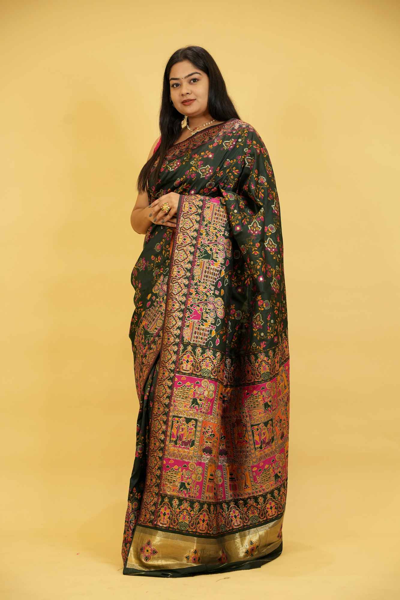 Silk with Intricate Bishnupuri weave ornate border Ready To Wear Saree