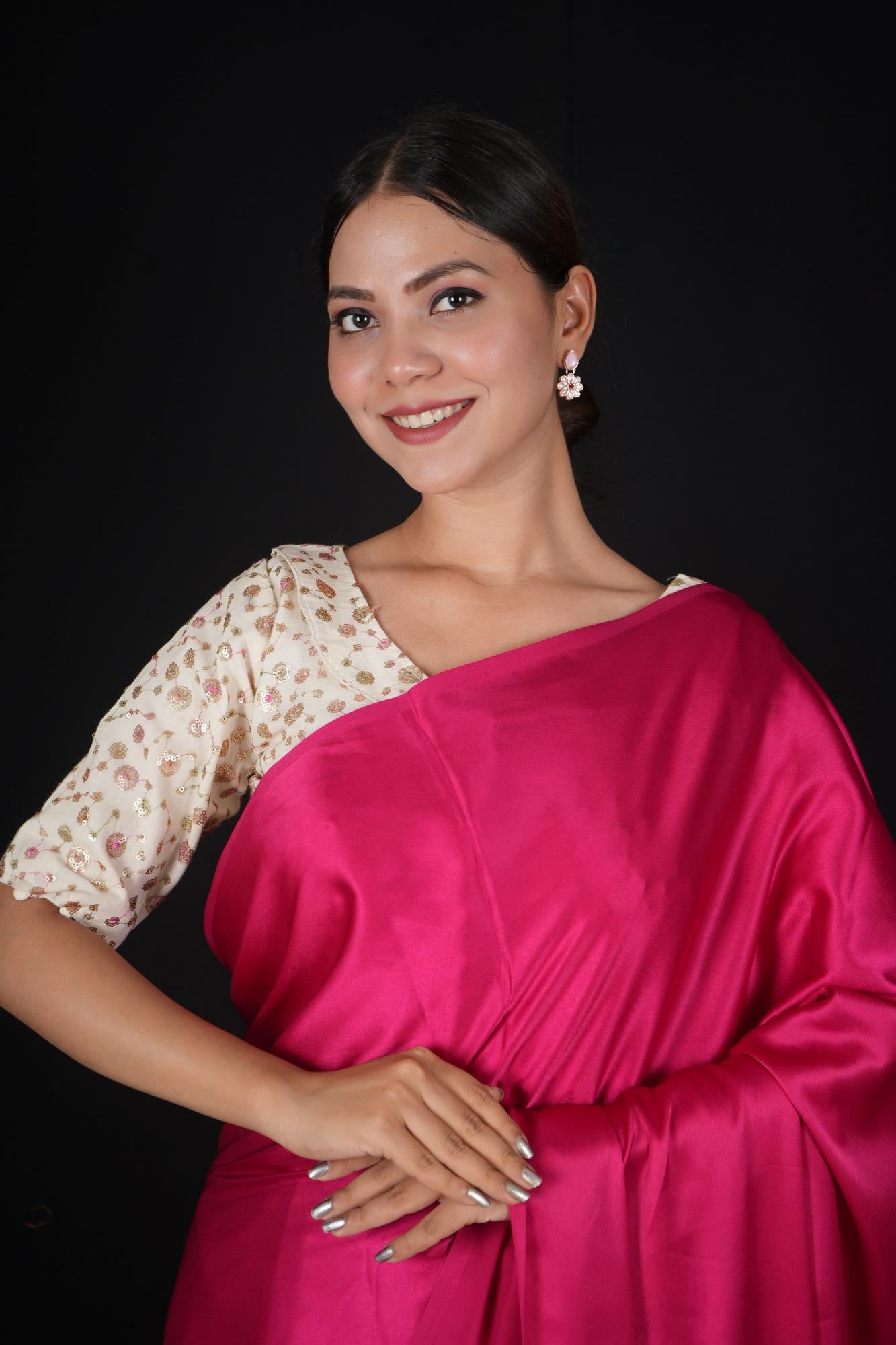 Ready to wear Off white embroidered camric Khadi Blouse with pompom