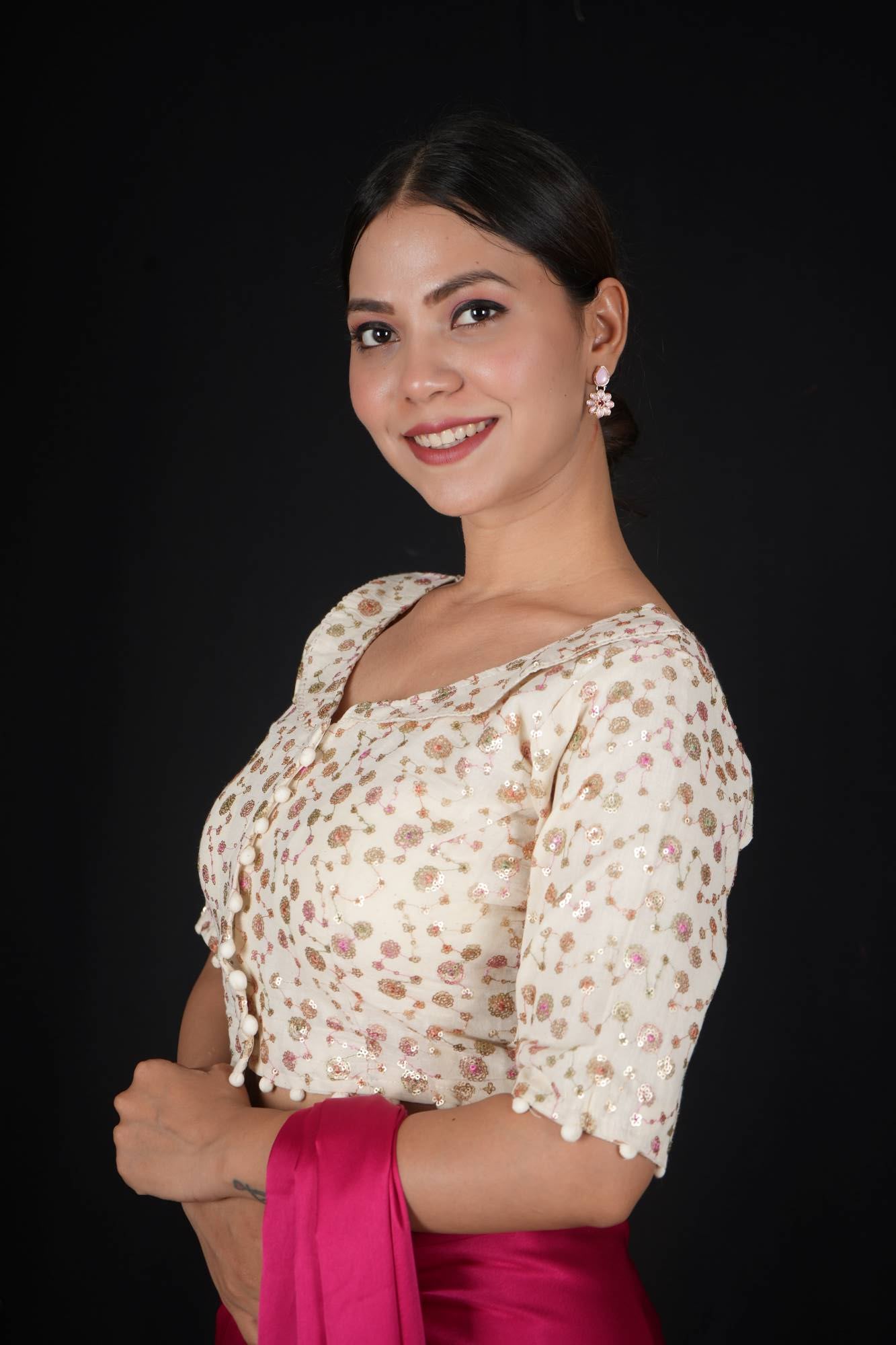 Ready to wear Off white embroidered camric Khadi Blouse with pompom