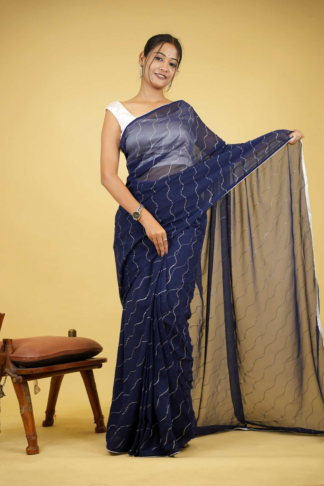 Navy Blue Soft Georgette Wave Embellishments Ready to Wear Saree