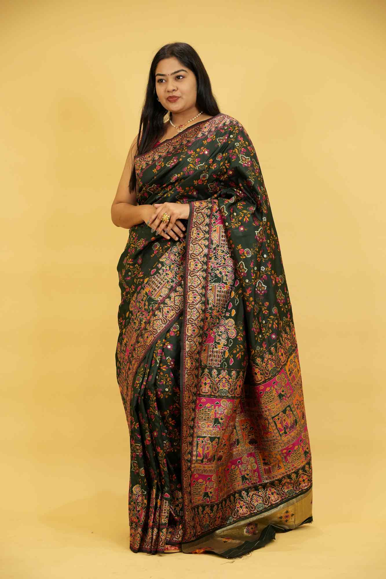 Silk with Intricate Bishnupuri weave ornate border Ready To Wear Saree