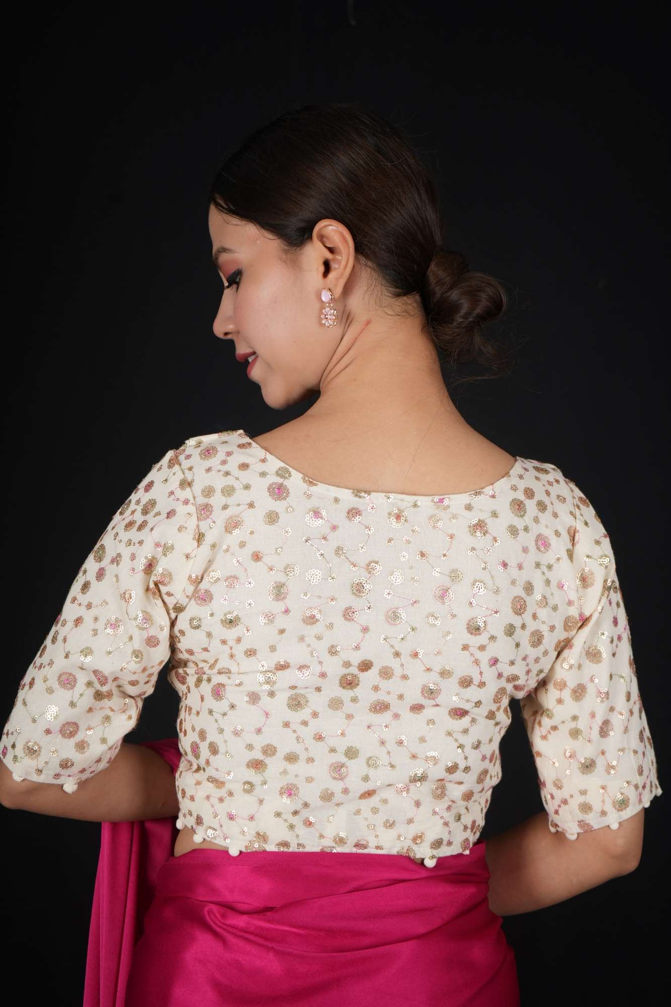 Ready to wear Off white embroidered camric Khadi Blouse with pompom