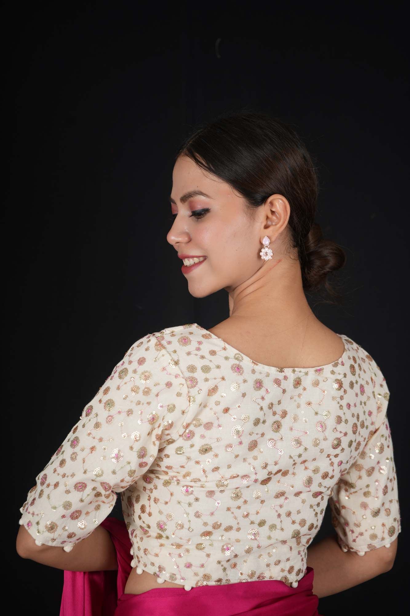 Ready to wear Off white embroidered camric Khadi Blouse with pompom