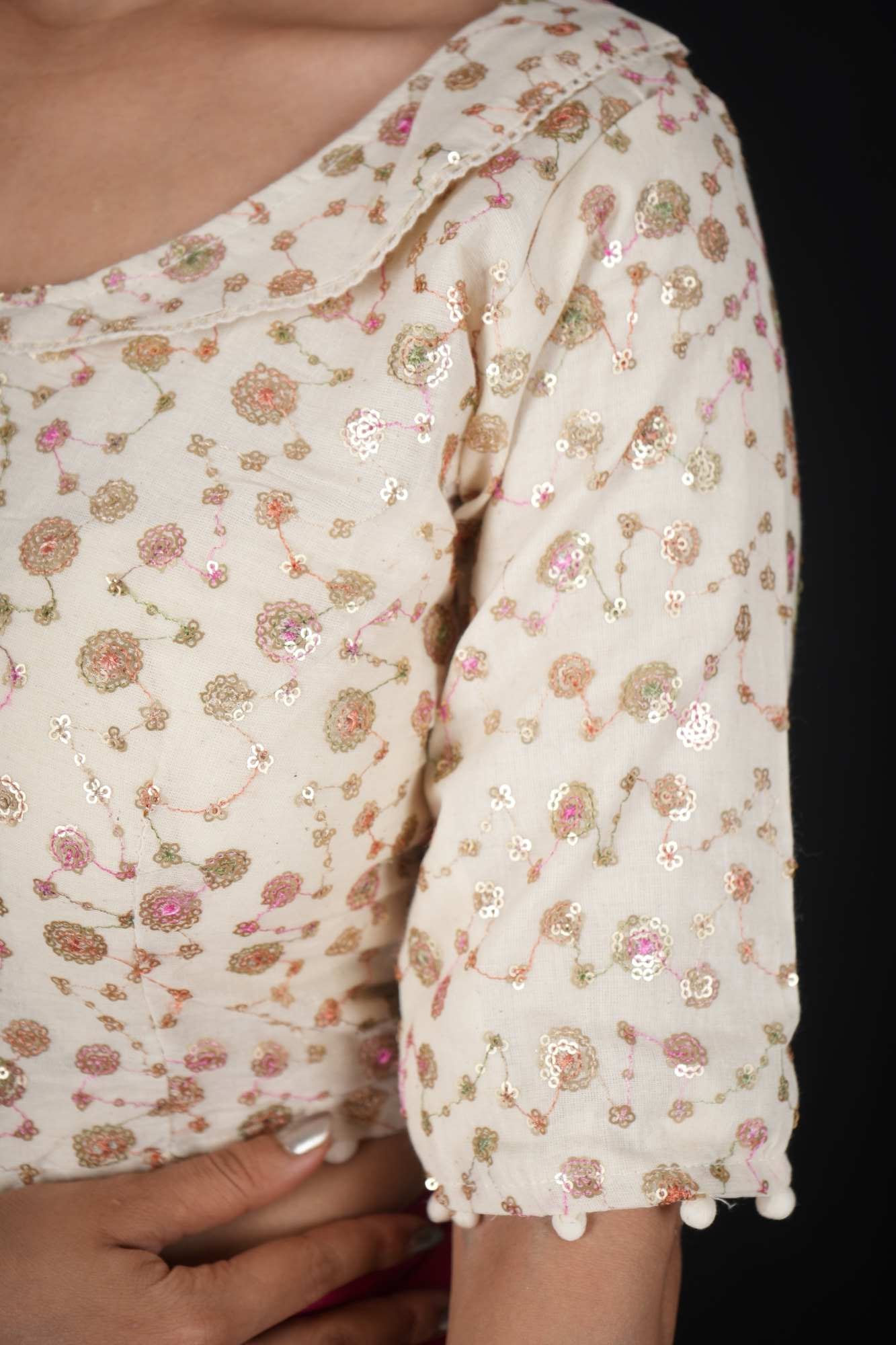 Ready to wear Off white embroidered camric Khadi Blouse with pompom