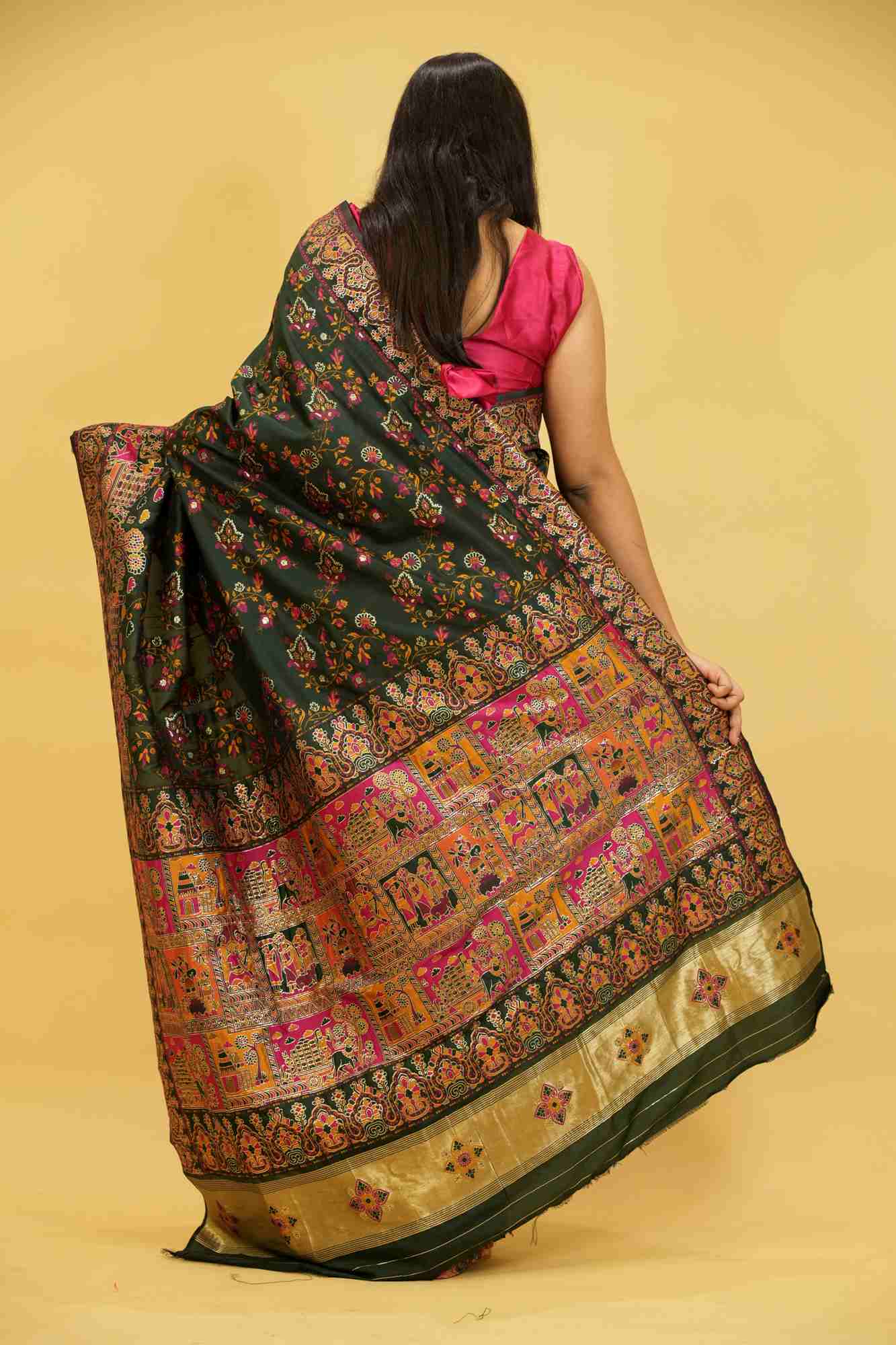 Silk with Intricate Bishnupuri weave ornate border Ready To Wear Saree