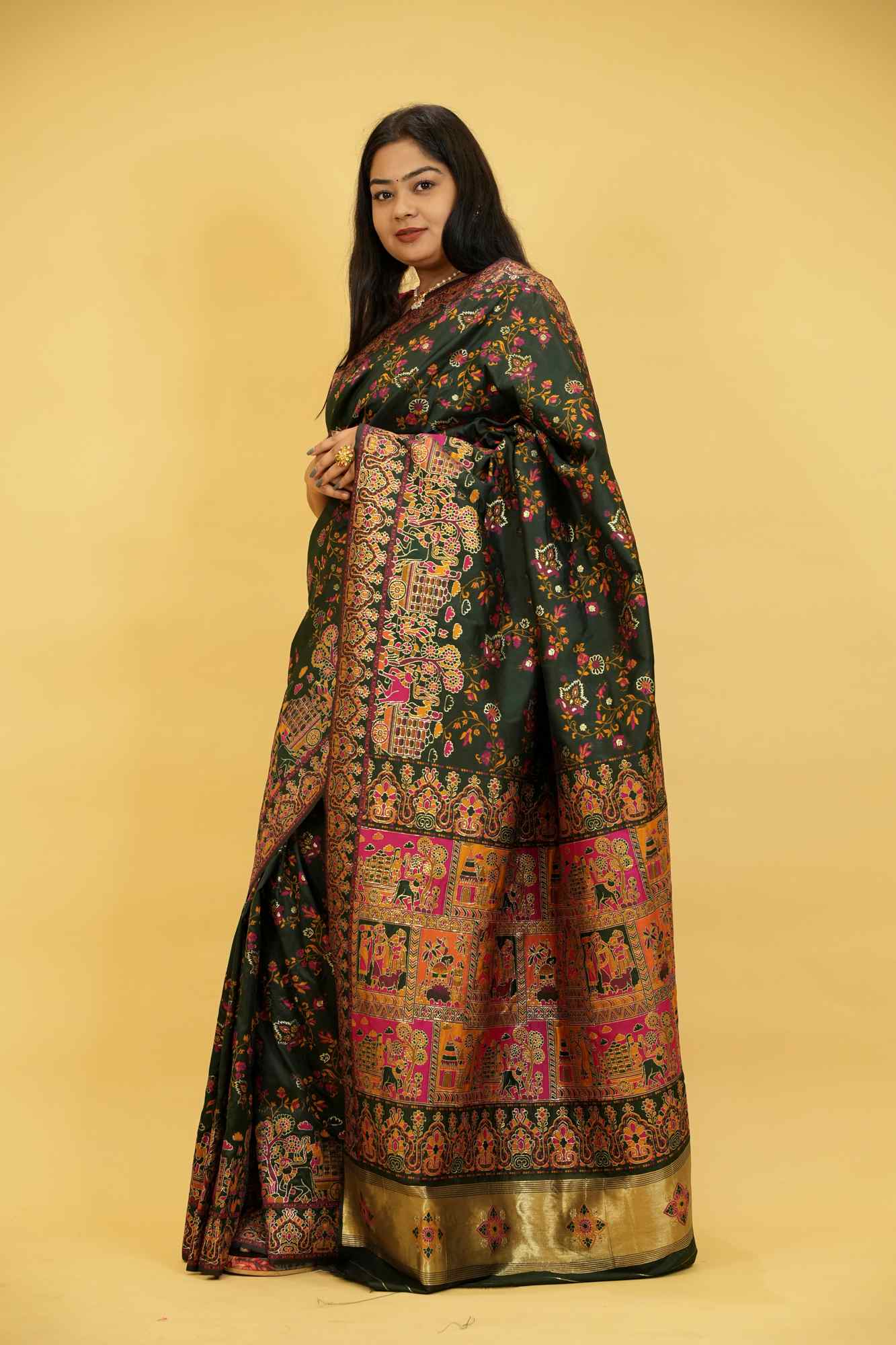 Silk with Intricate Bishnupuri weave ornate border Ready To Wear Saree