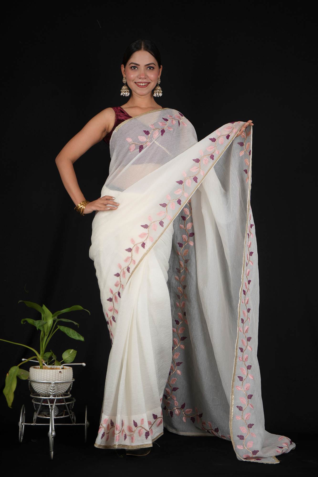 Beautiful White Soft Crush Georgette with Leaf Embroidery & Digital Printed Blouse Ready to wear Saree