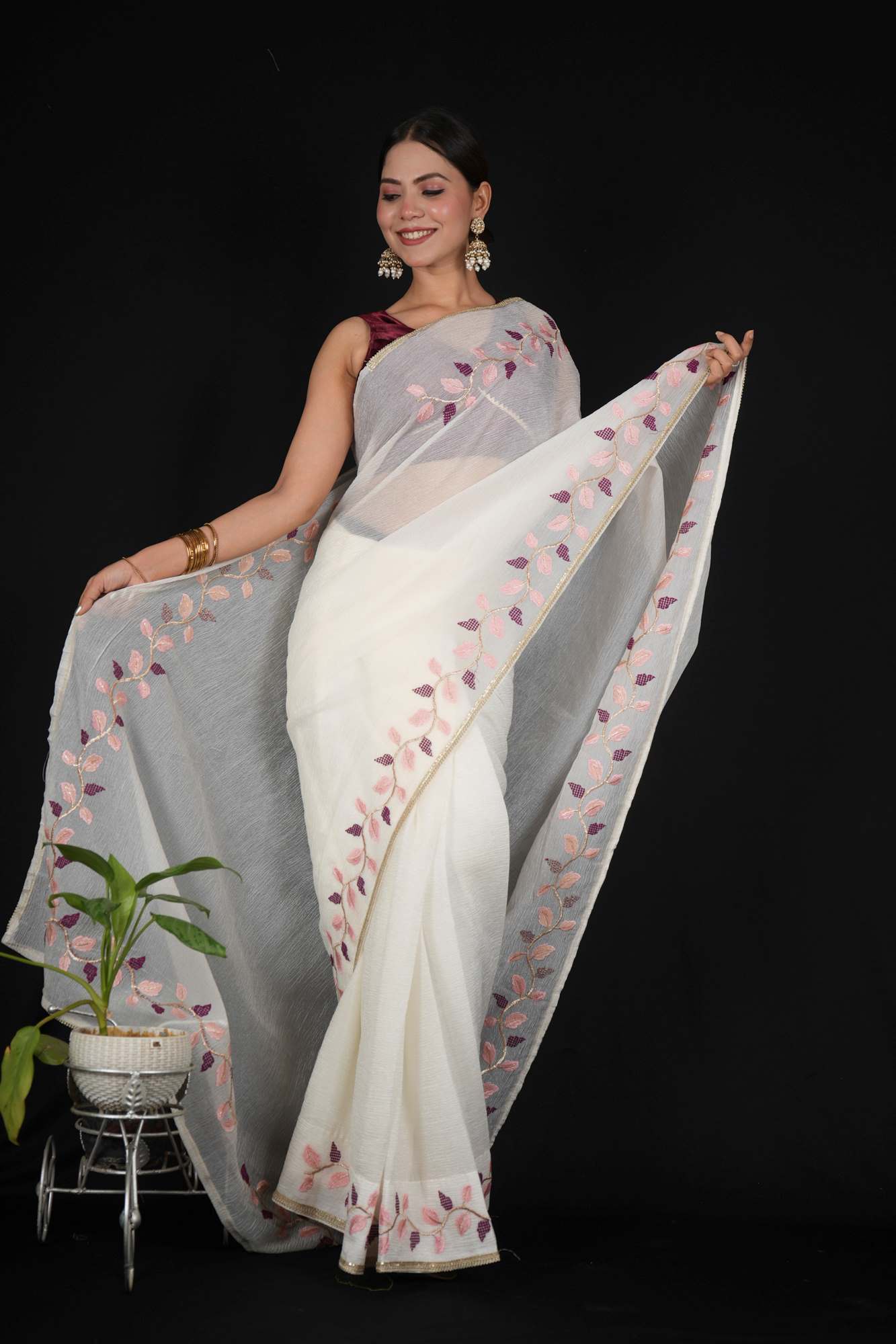 Beautiful White Soft Crush Georgette with Leaf Embroidery & Digital Printed Blouse Ready to wear Saree
