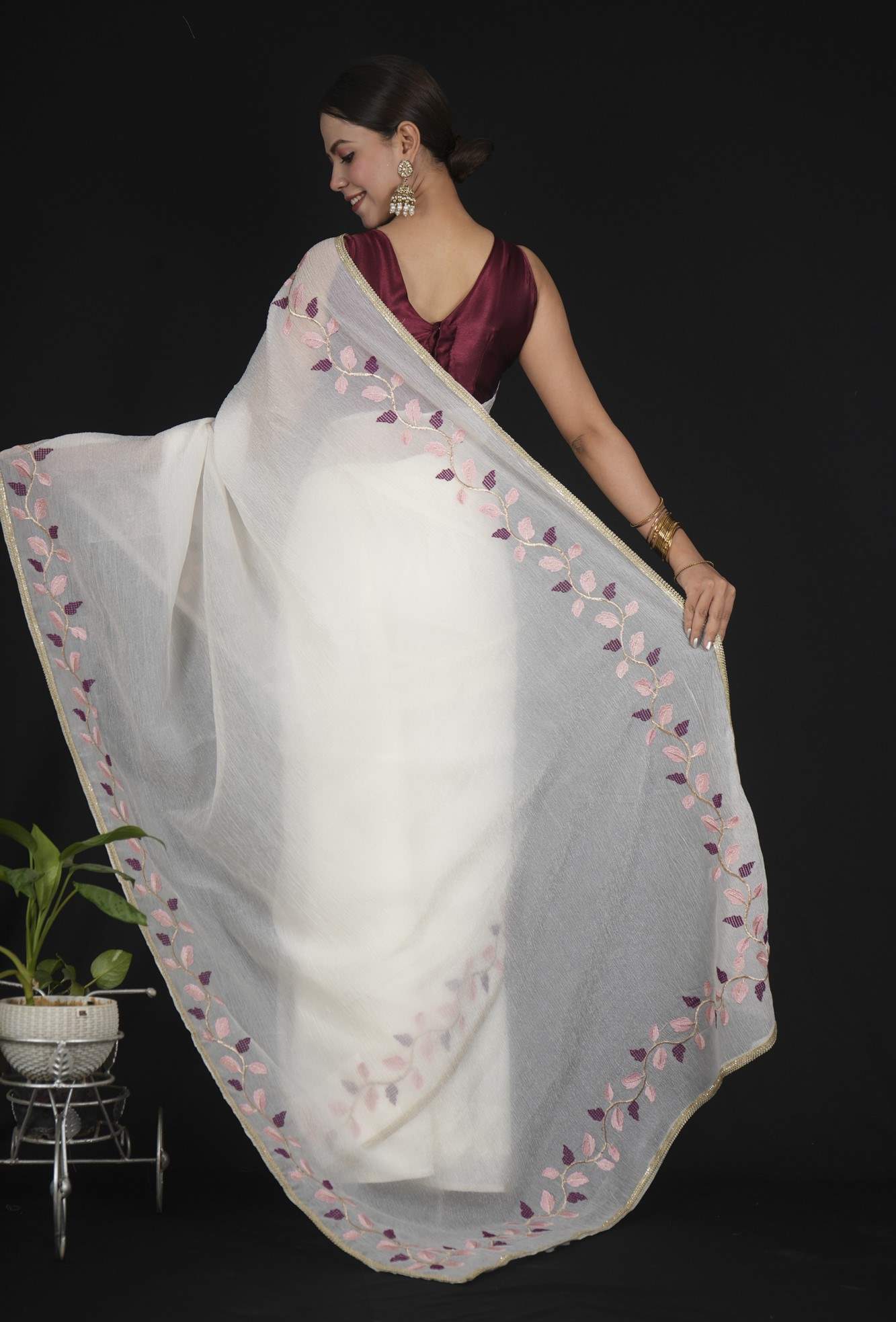 Beautiful White Soft Crush Georgette with Leaf Embroidery & Digital Printed Blouse Ready to wear Saree
