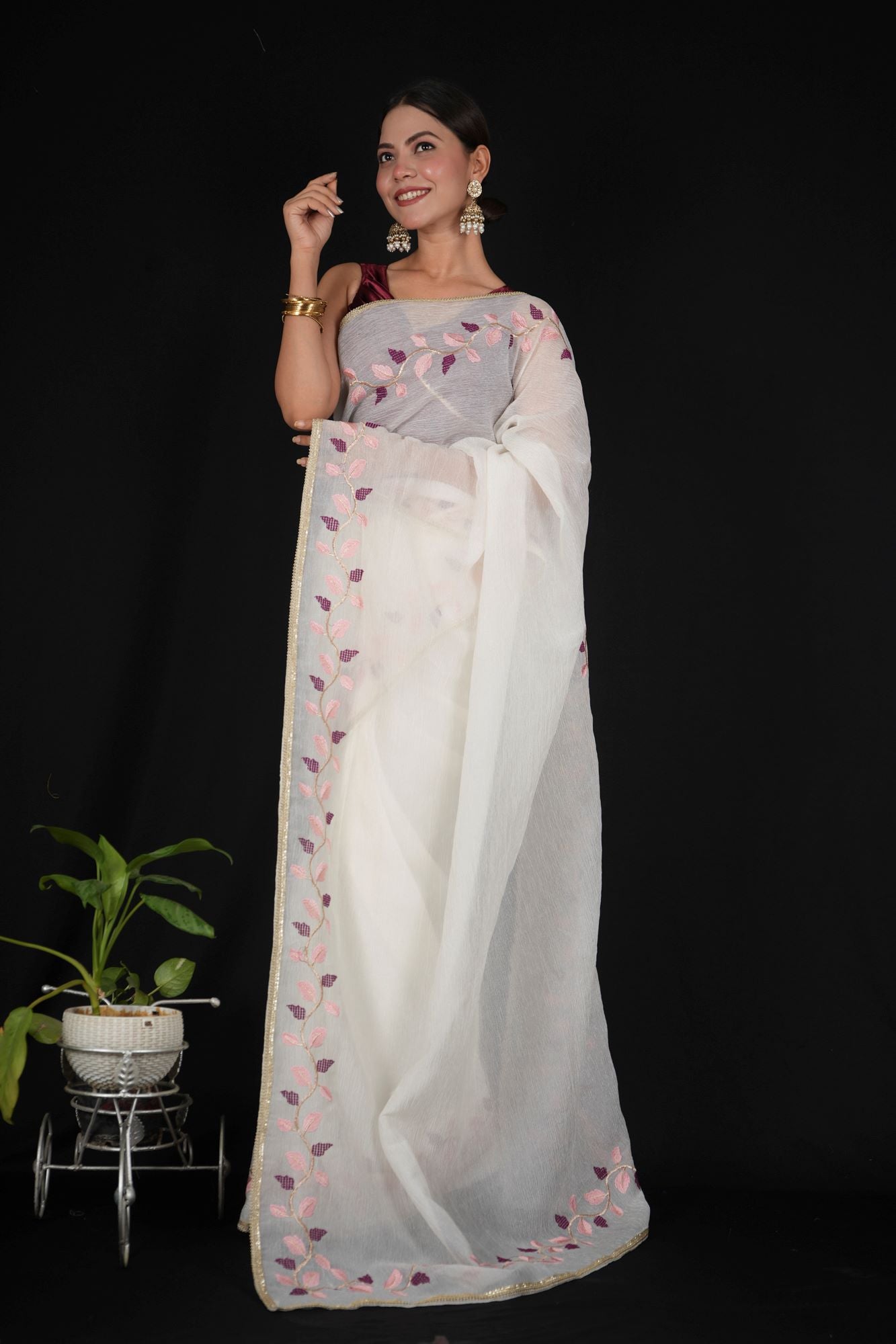 Beautiful White Soft Crush Georgette with Leaf Embroidery & Digital Printed Blouse Ready to wear Saree