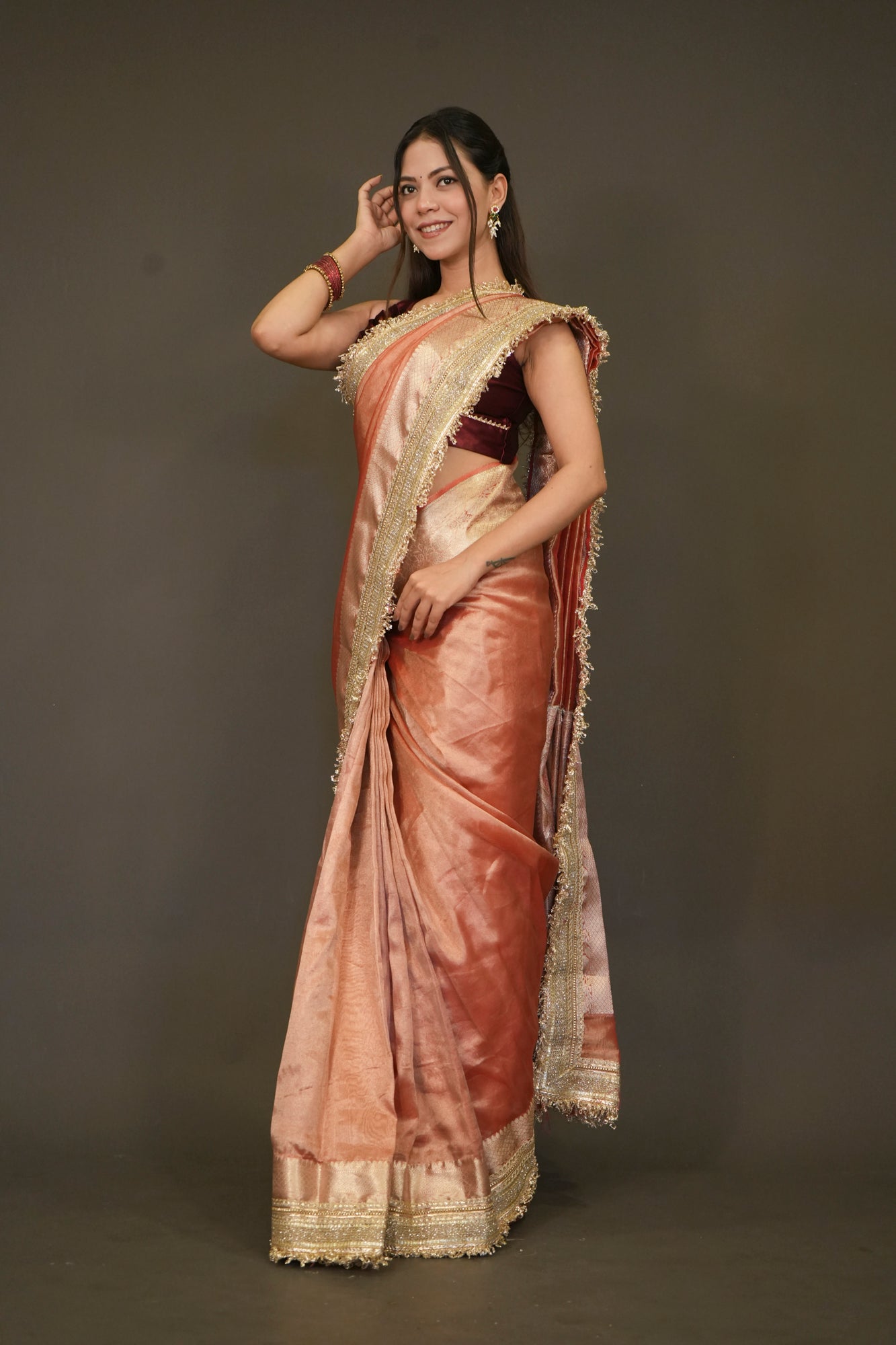 Banarasi Tissue Silk with designer Lace Border & floral weaving Ready To Wear Saree