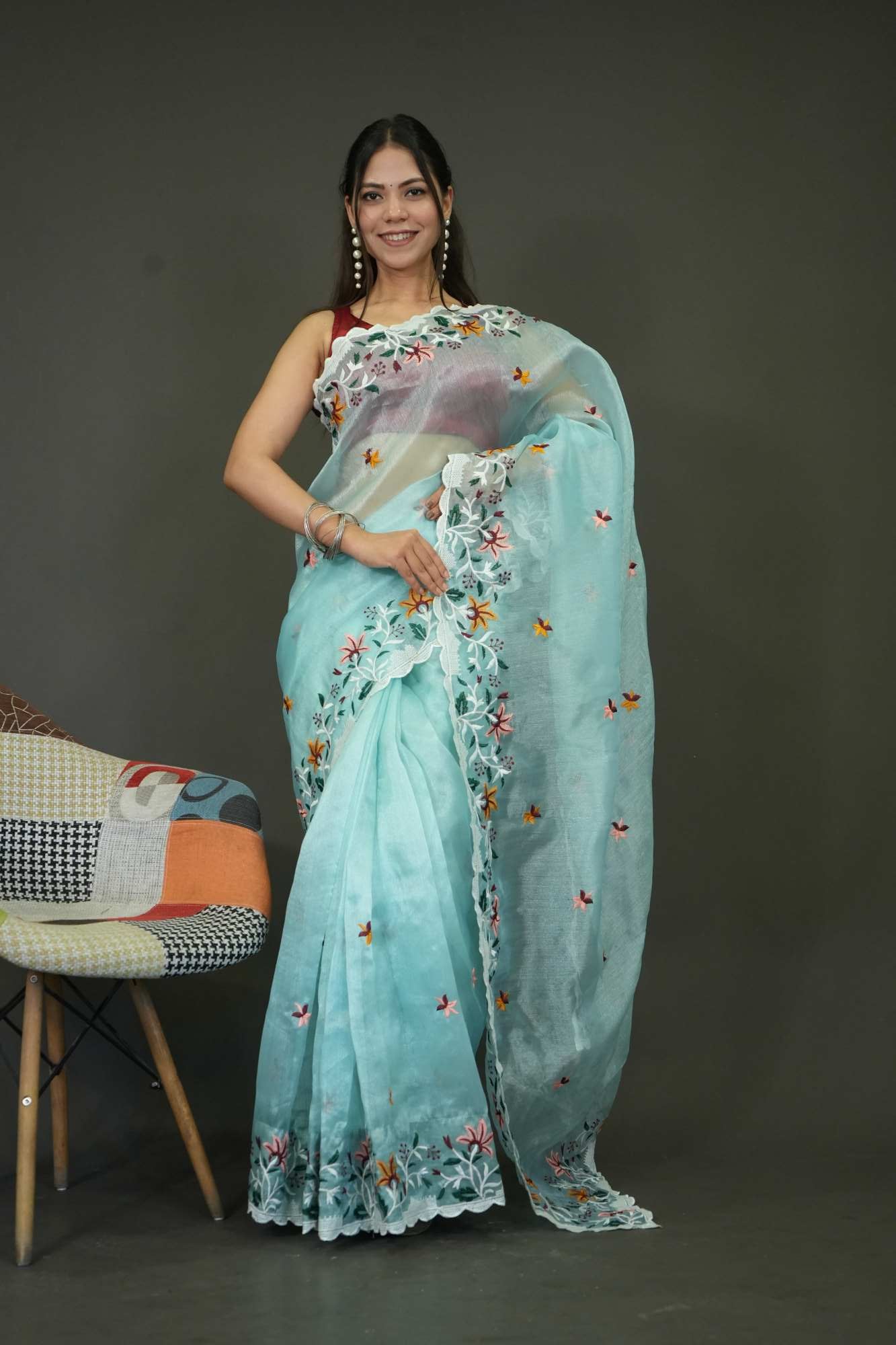 Organza Silk with Multi Color Floral Embroidered With Scalloped Border Wrap in 1 minute Saree