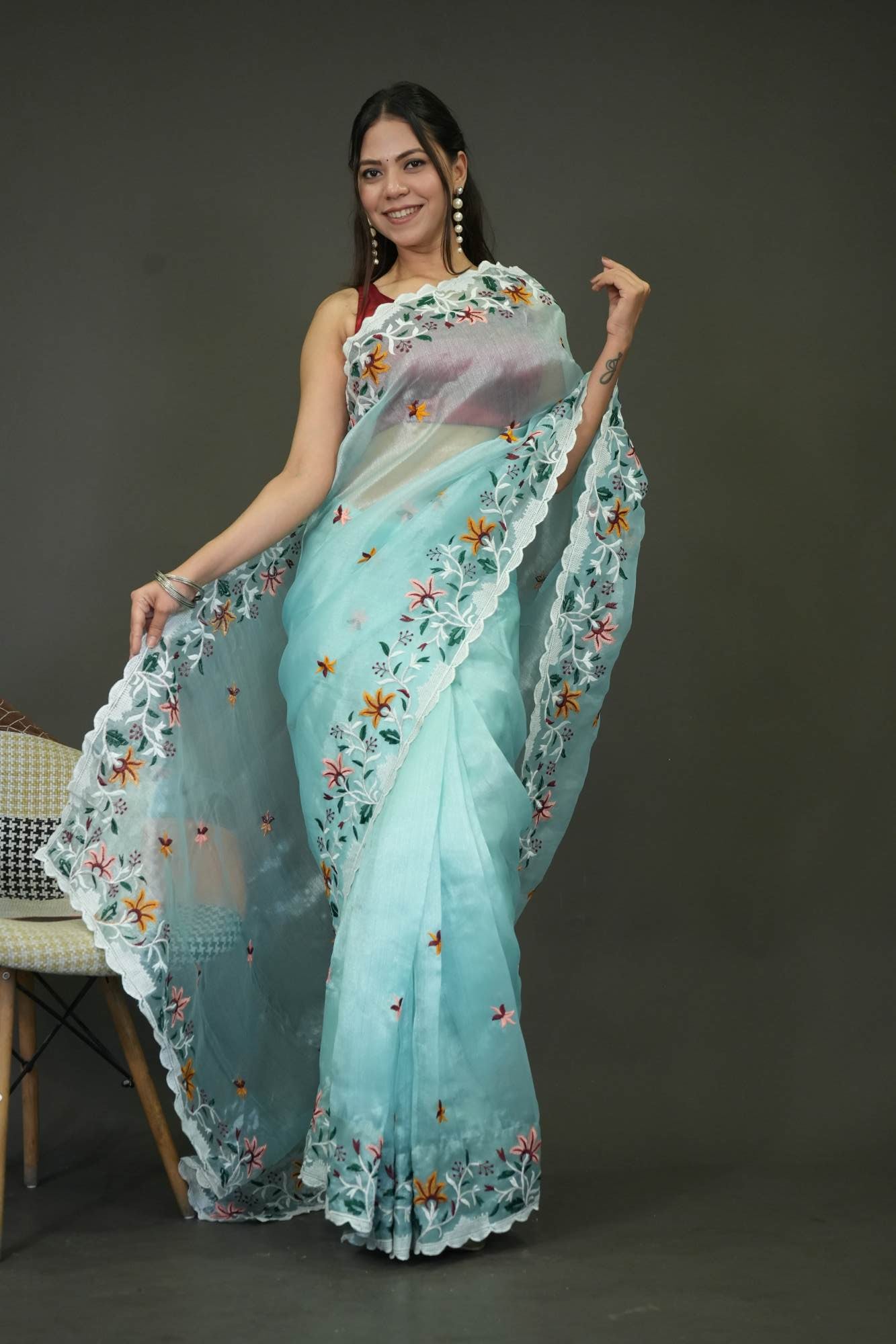 Organza Silk with Multi Color Floral Embroidered With Scalloped Border Wrap in 1 minute Saree