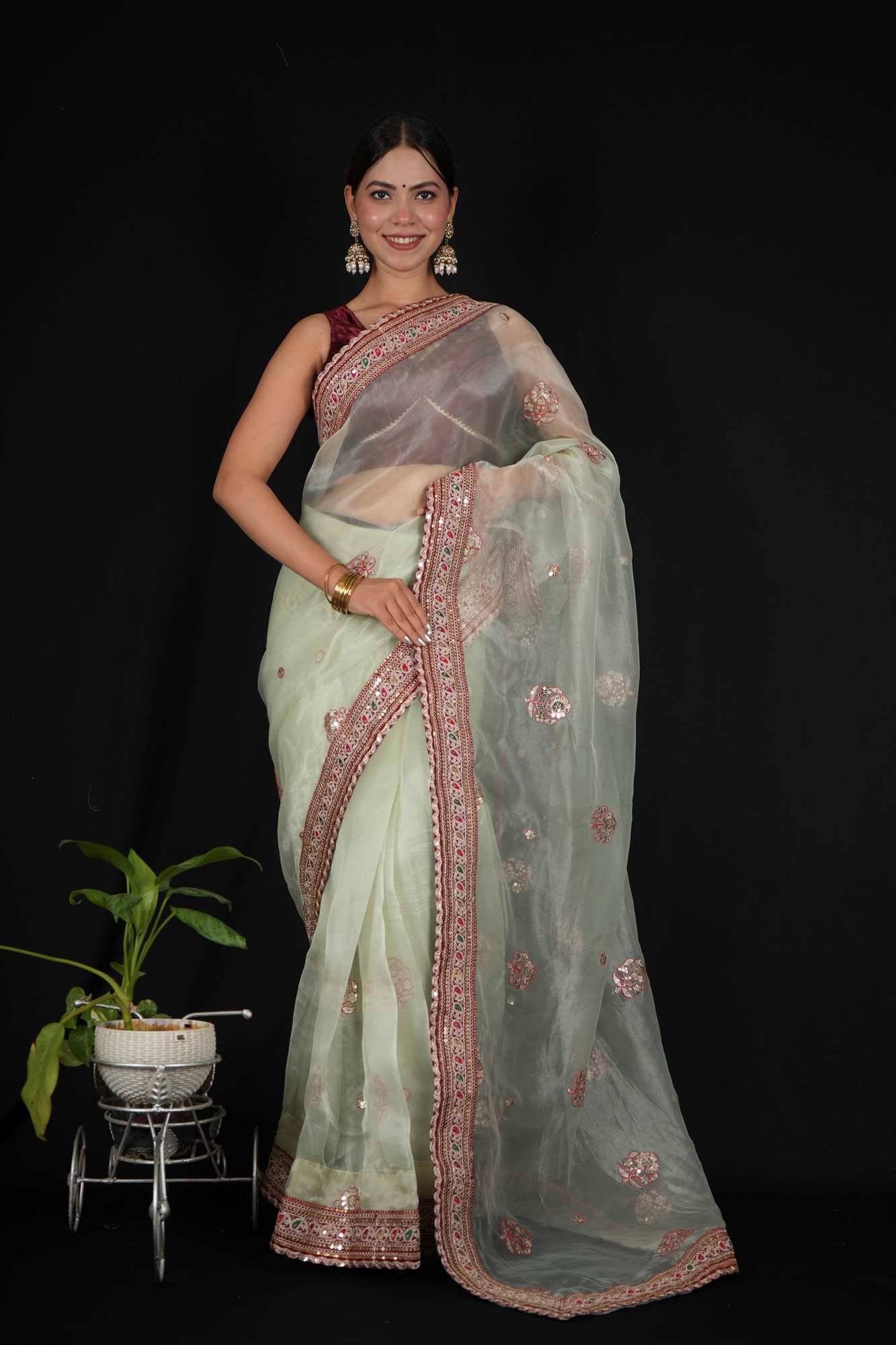 Beautiful Heavy Soft Tissue with Overall Sequence & Heavy Embroidery Zari Thread Ready to Wear Saree