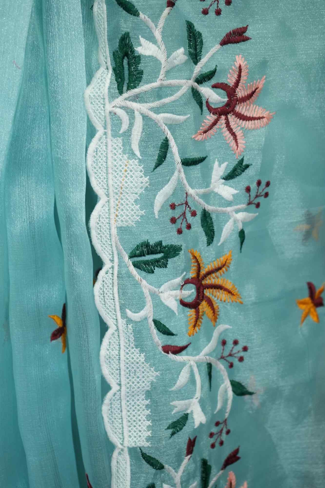 Organza Silk with Multi Color Floral Embroidered With Scalloped Border Wrap in 1 minute Saree