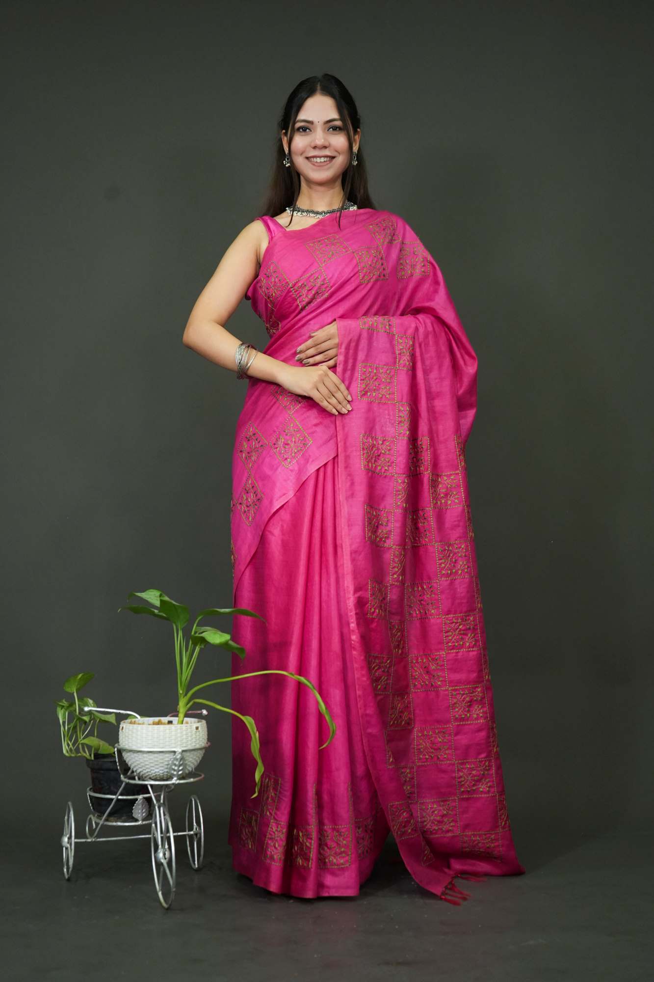 Soft Katan cotton silk With Overall Contrast Thread Embroidery Ready To Wear Saree
