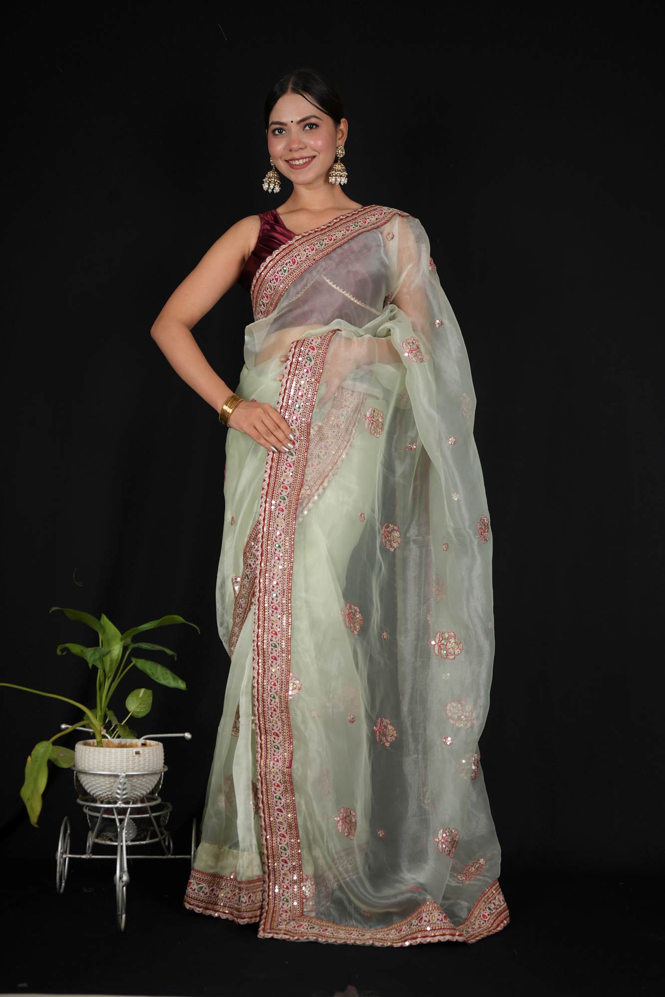 Beautiful Heavy Soft Tissue with Overall Sequence & Heavy Embroidery Zari Thread Ready to Wear Saree