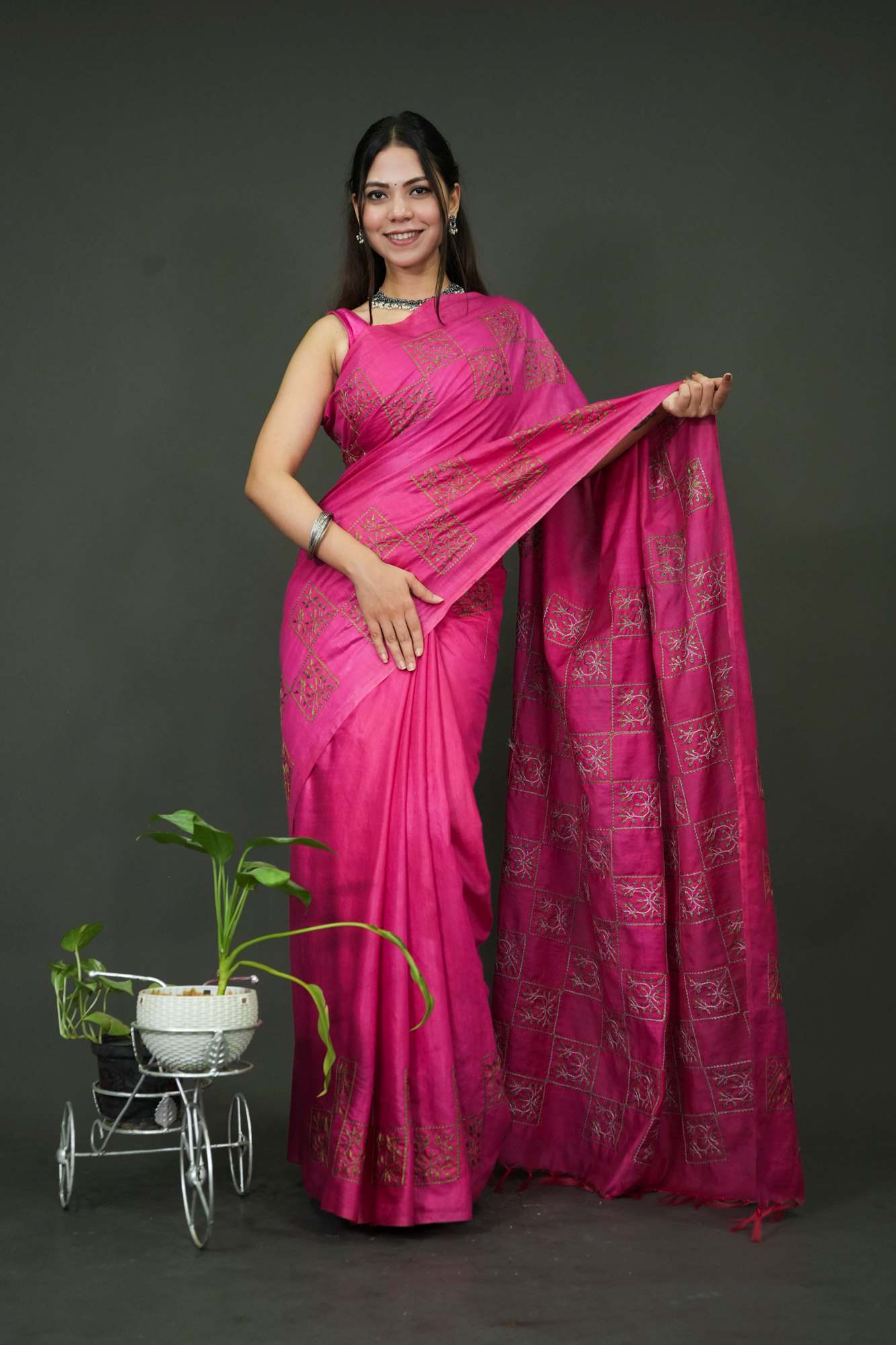 Soft Katan cotton silk With Overall Contrast Thread Embroidery Ready To Wear Saree