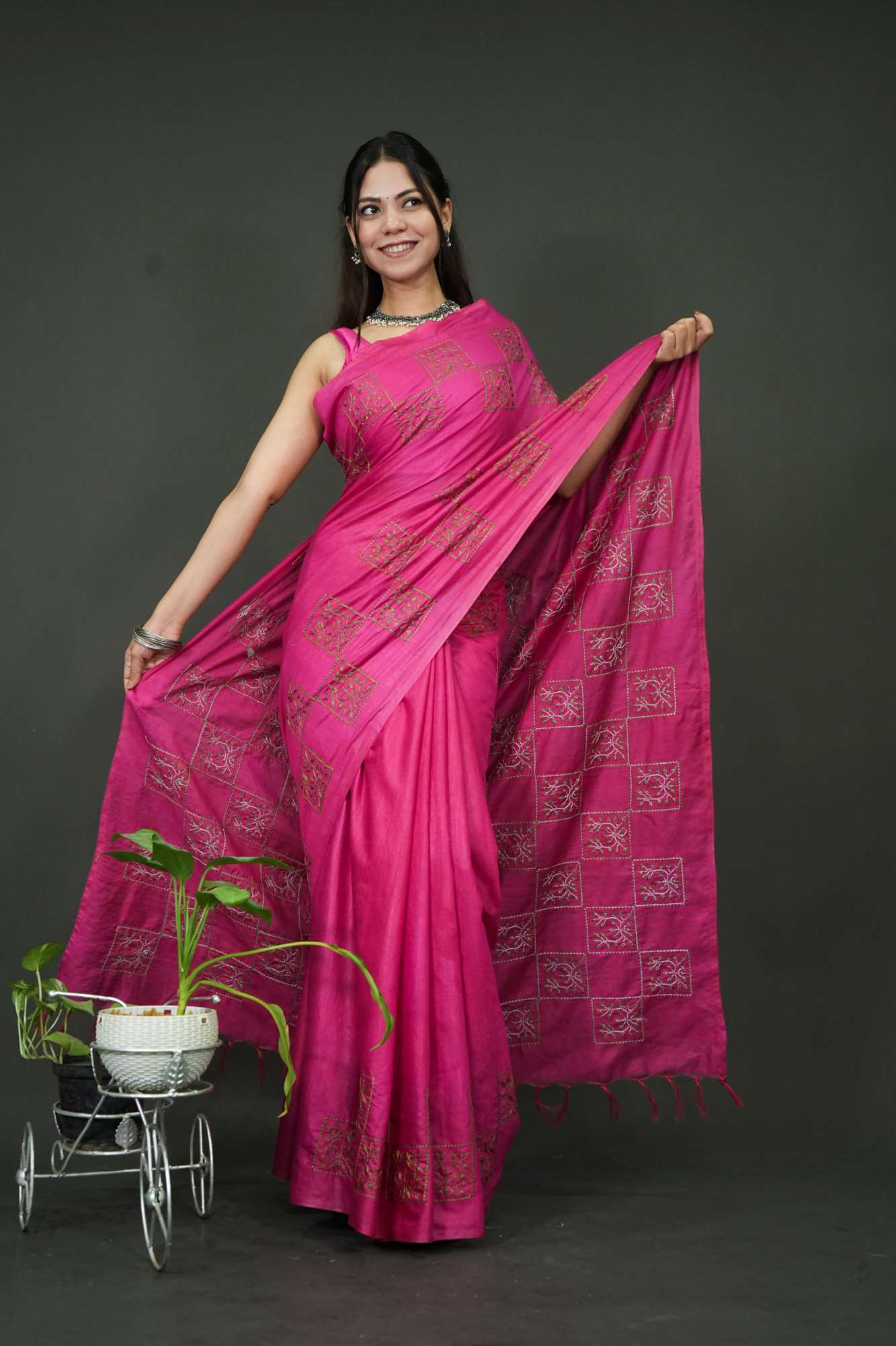 Soft Katan cotton silk With Overall Contrast Thread Embroidery Ready To Wear Saree