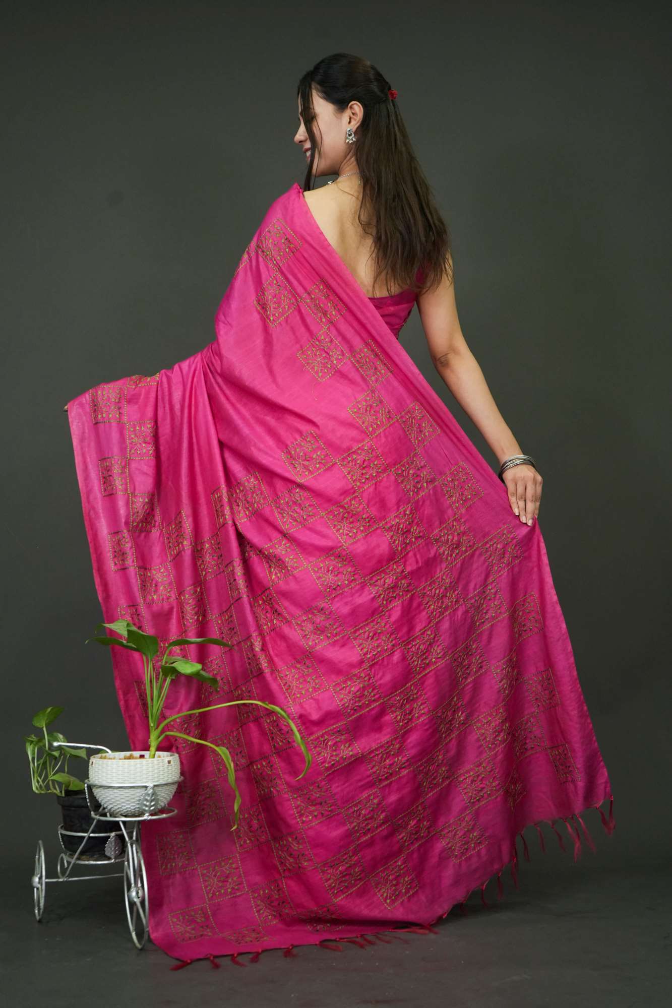 Soft Katan cotton silk With Overall Contrast Thread Embroidery Ready To Wear Saree