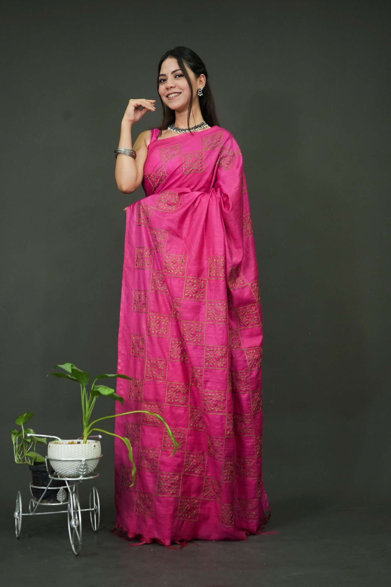 Soft Katan cotton silk With Overall Contrast Thread Embroidery Ready To Wear Saree