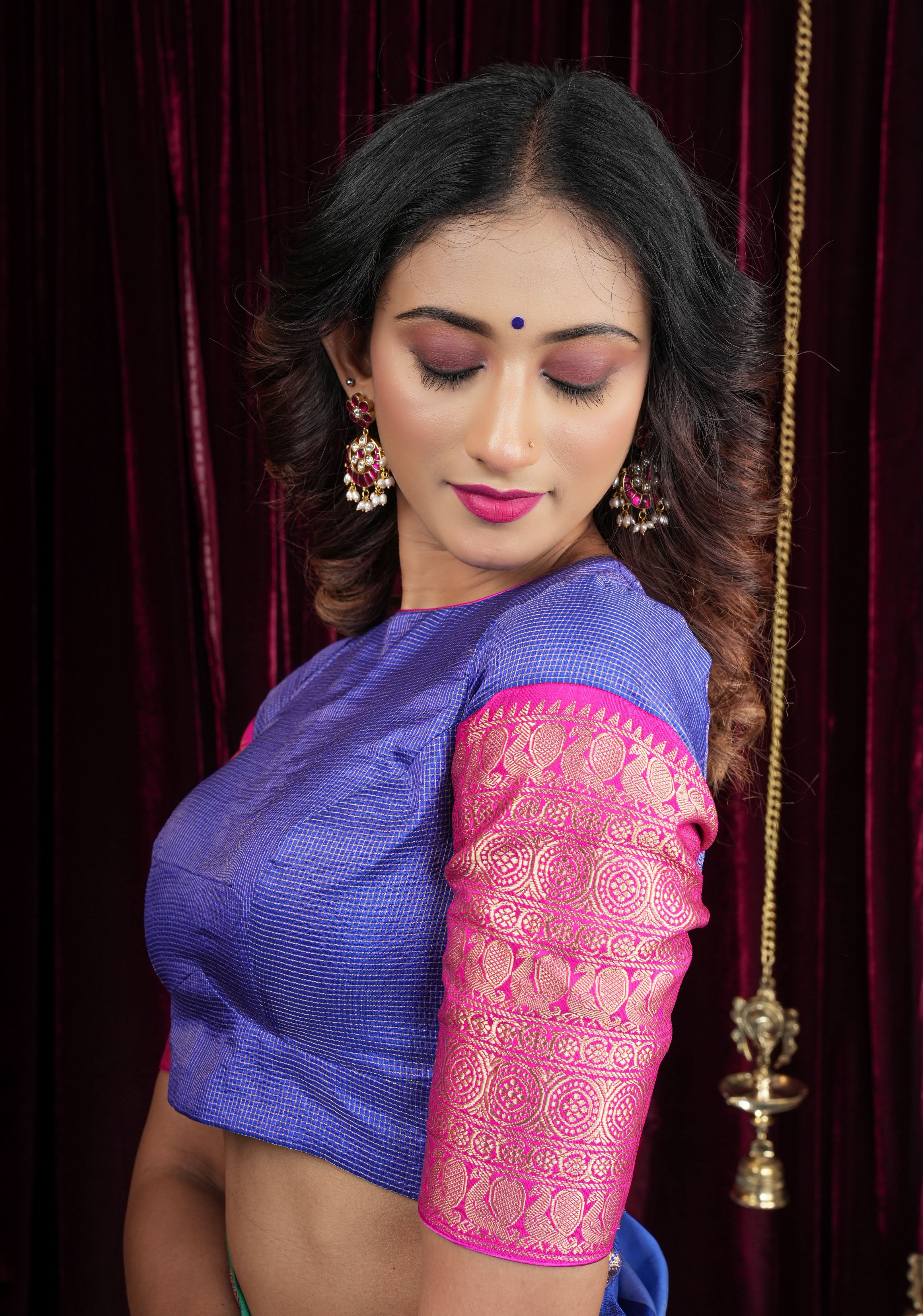 Blue Pure Kanjivaram Silk with Zari checks Blouse with crew neck and stylish back cutout design, Made to Order | Shobitam