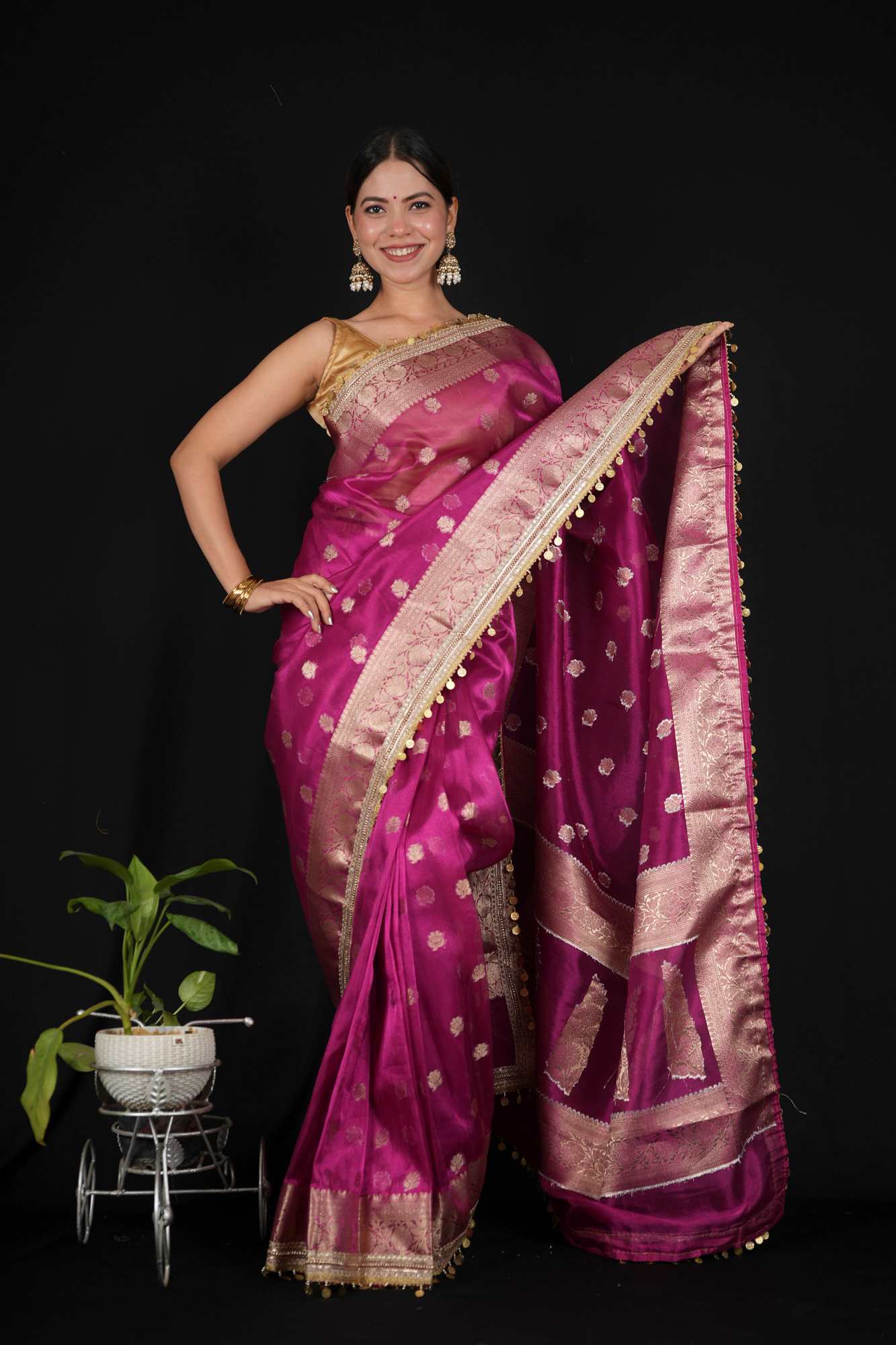 Maharani Tissue Silk With overall Zari Butte work And Beautiful Tikki Lace Prestitched Saree