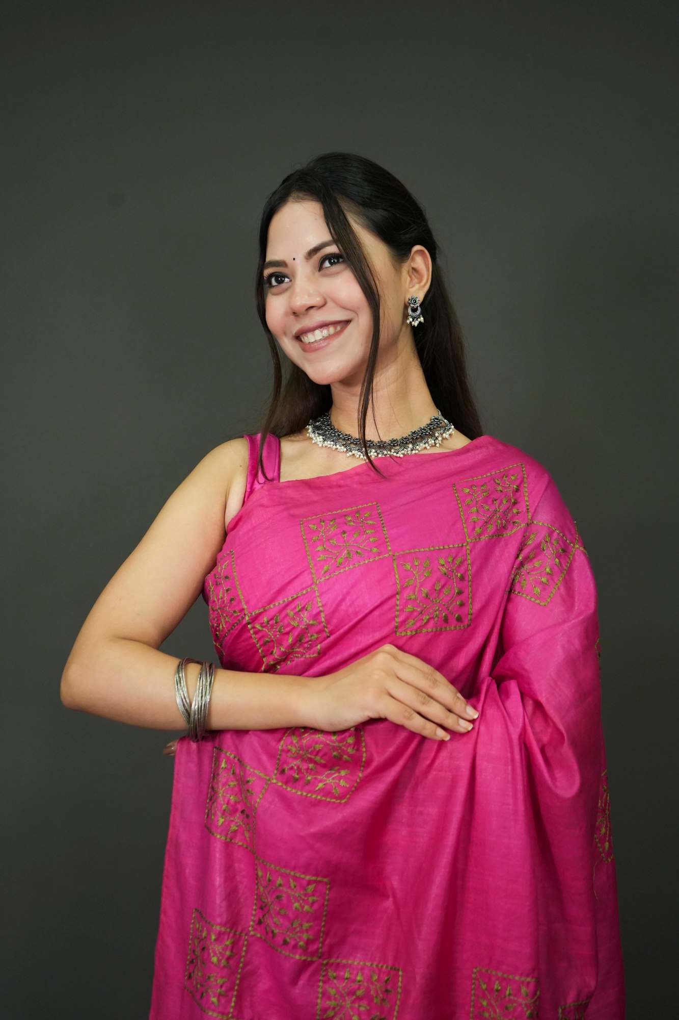 Soft Katan cotton silk With Overall Contrast Thread Embroidery Ready To Wear Saree