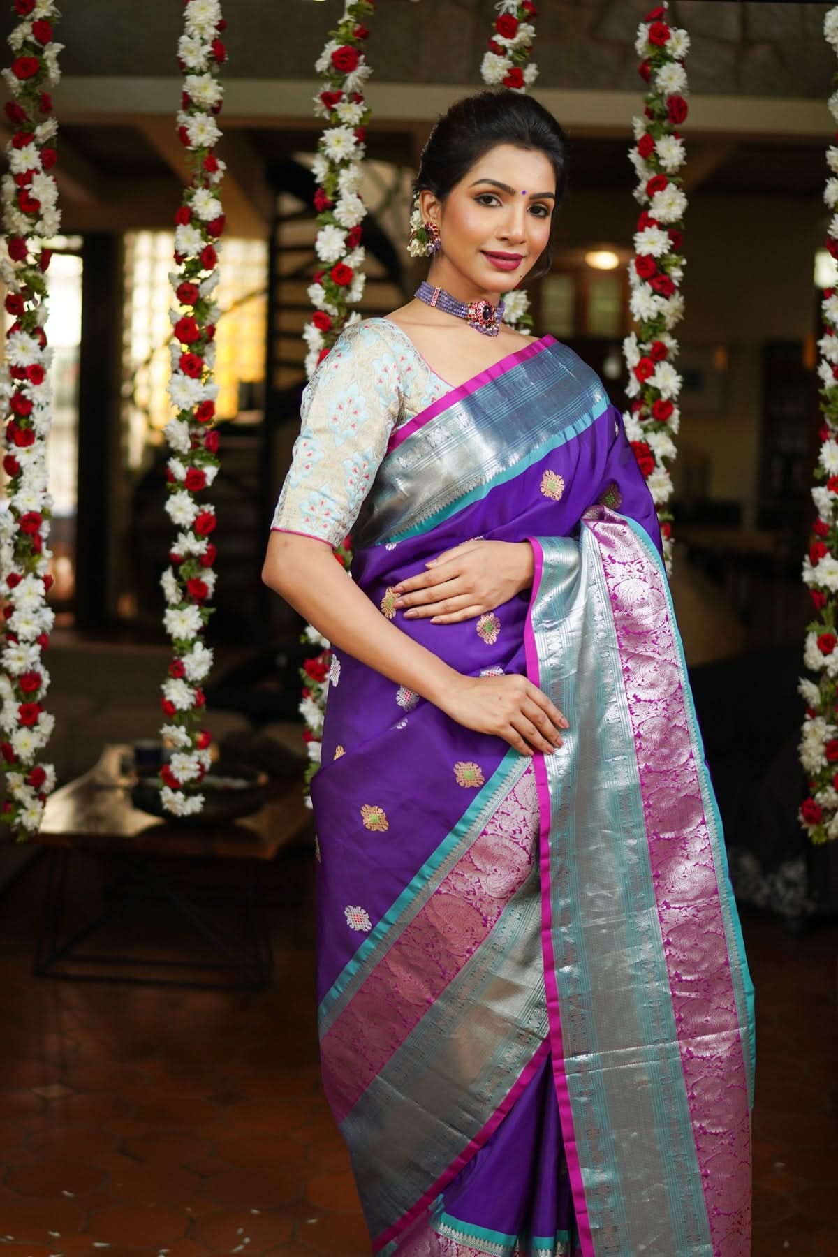 Muggu Design Meenakari Gadwal Silk Saree in Purple with Two Tone Border | SILK MARK CERTIFIED | Shobitam