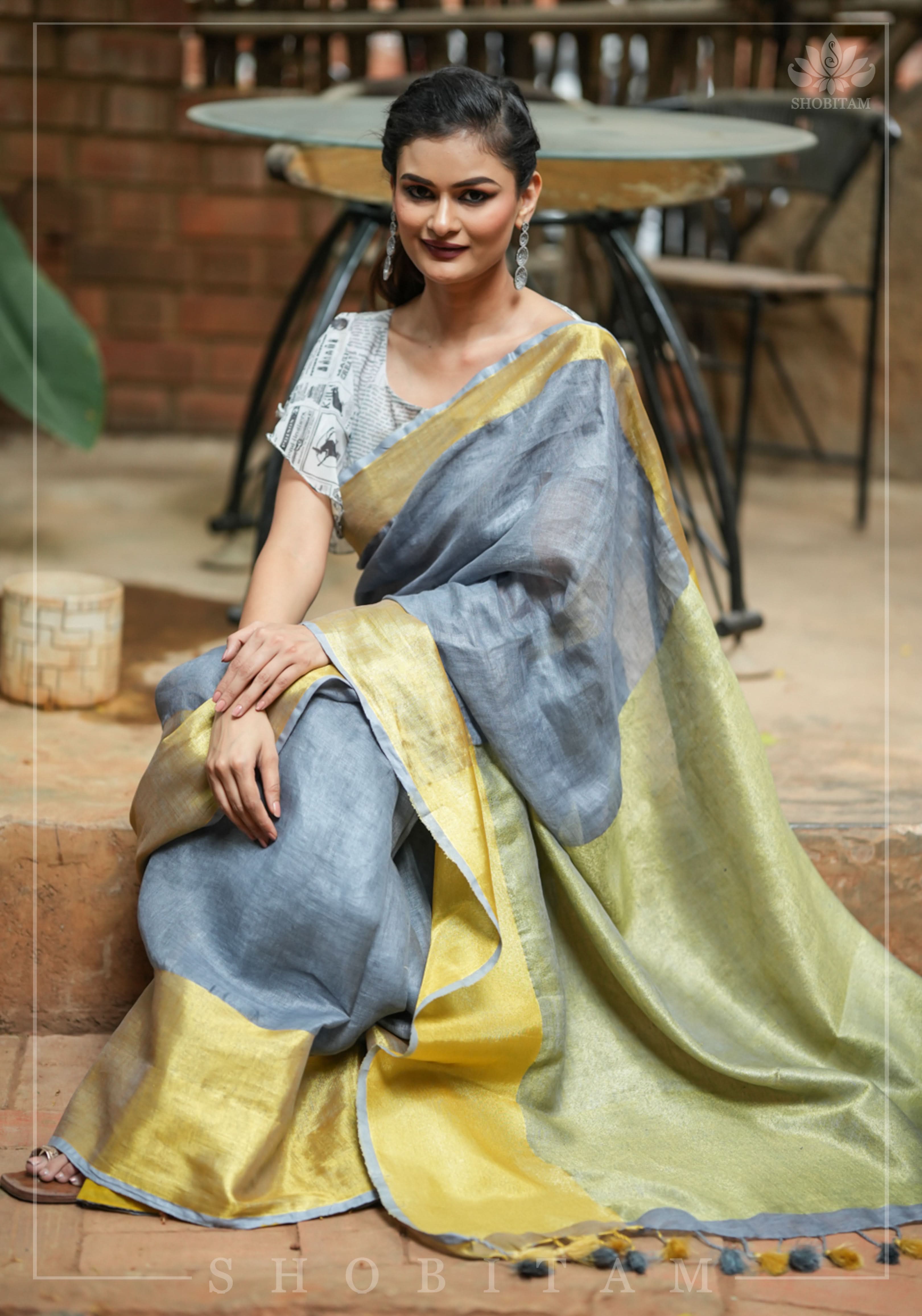 Gray Linen Saree with Wide Border | Shobitam
