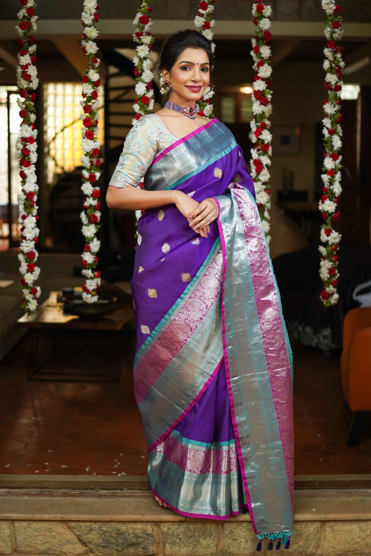 Muggu Design Meenakari Gadwal Silk Saree in Purple with Two Tone Border | SILK MARK CERTIFIED | Shobitam