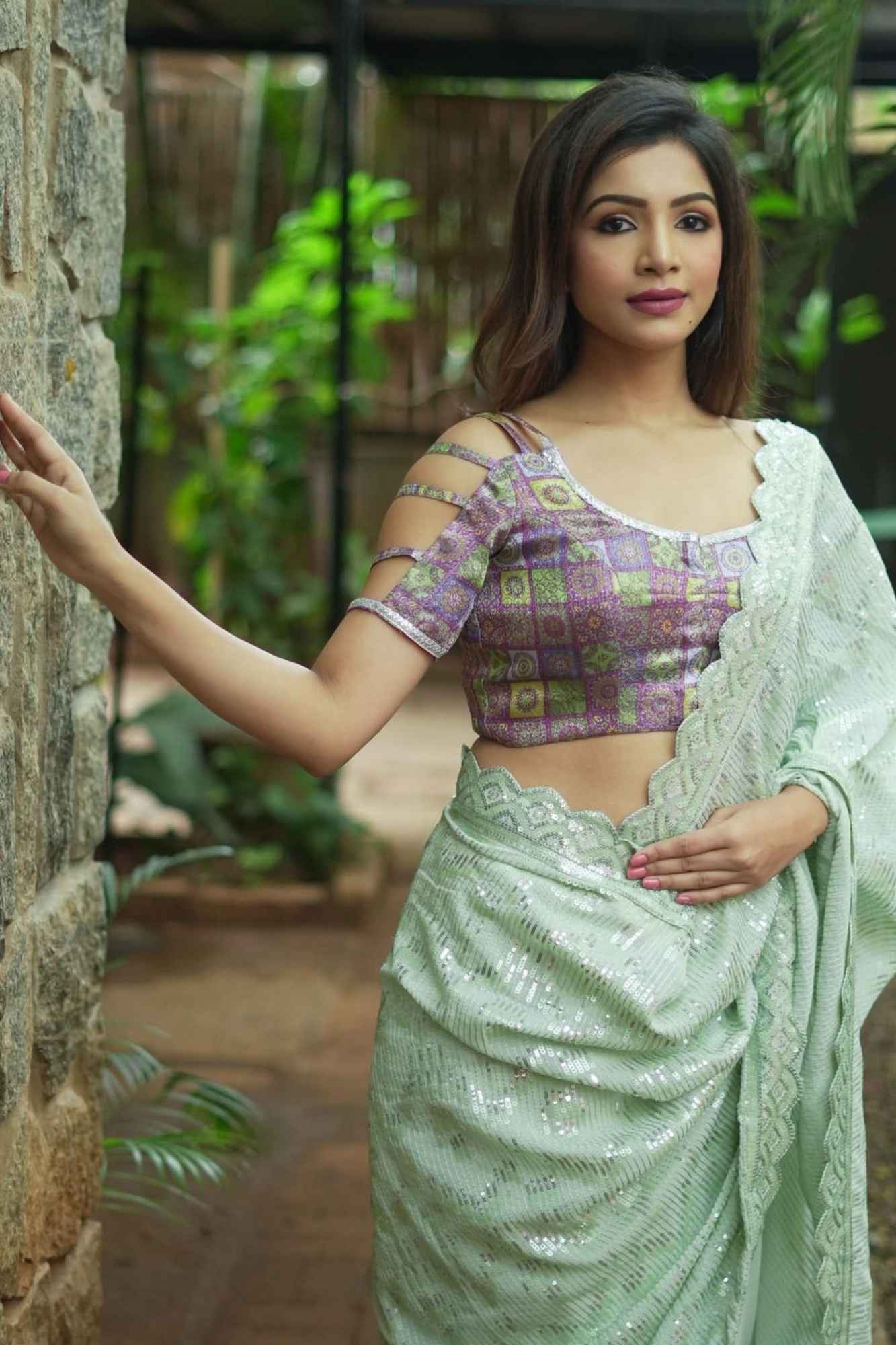 Multicolor Printed Blouse on Lavender Base with multi-strapped sleeves